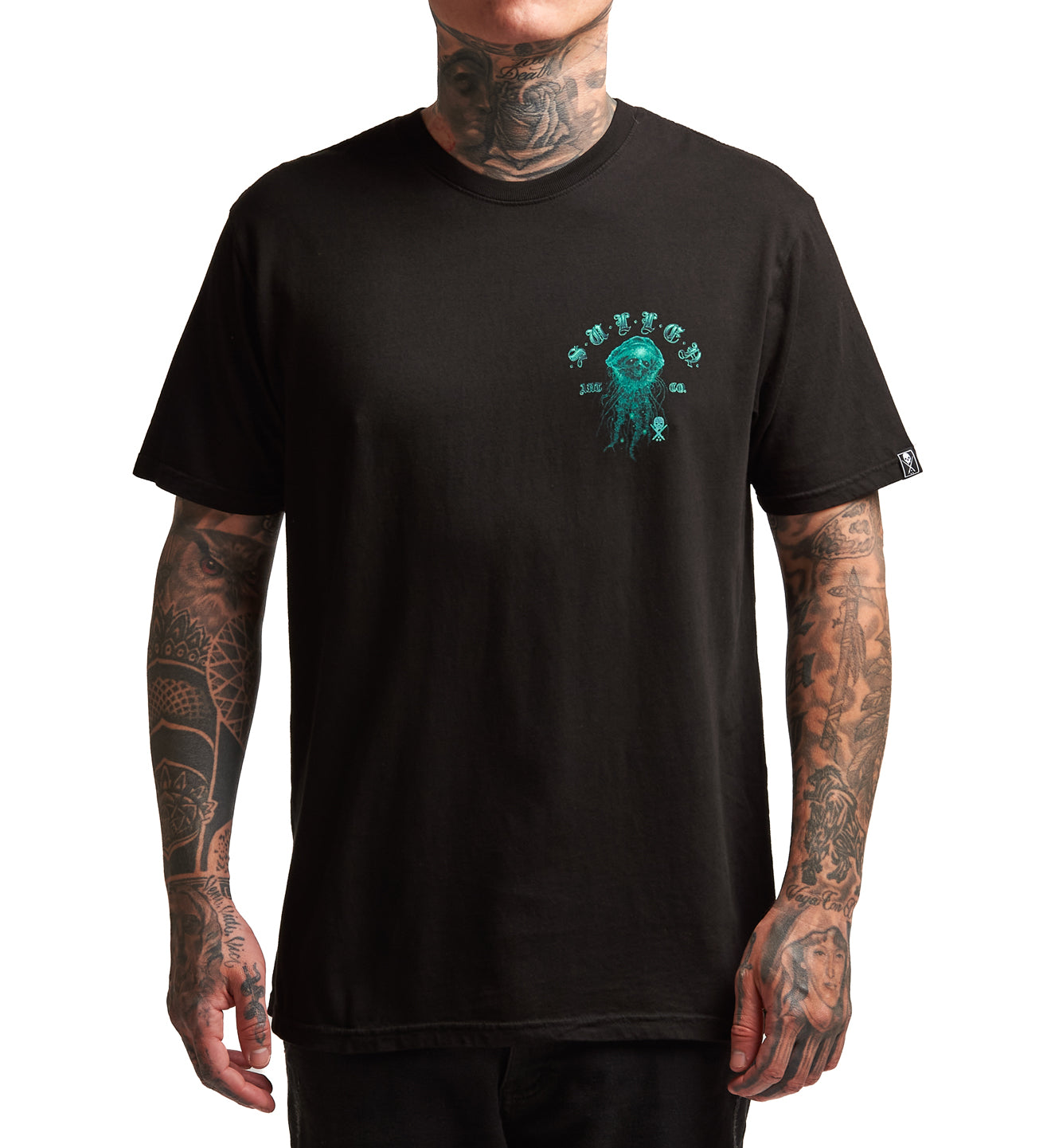 Person wearing a black t-shirt with a teal graphic design on a white background