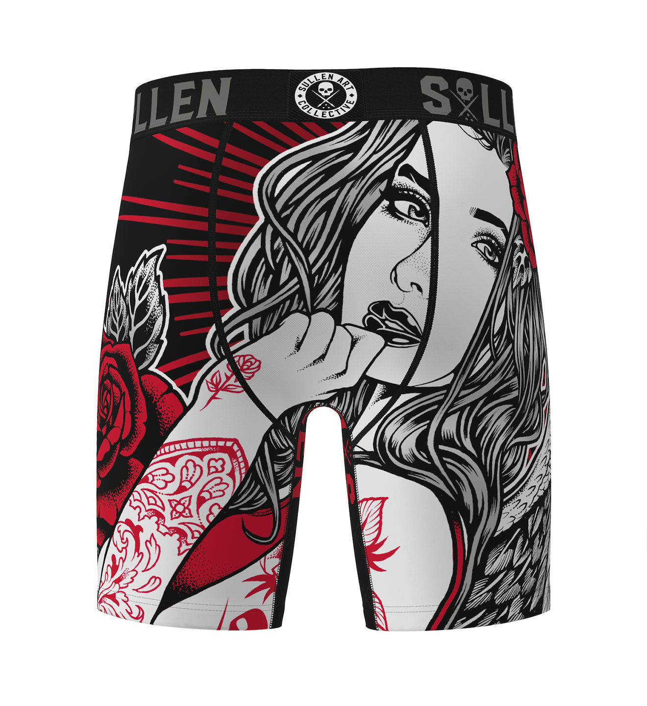 Boxer briefs with a stylized design of a woman with tattoos and roses, featuring the brand 'Sullen'.