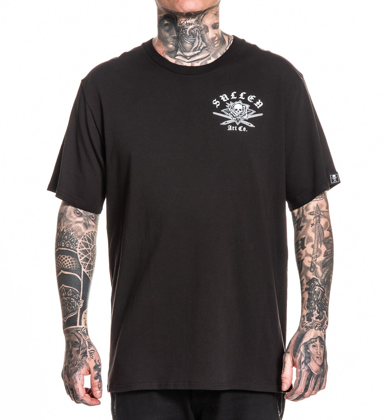 Person wearing a black t-shirt with a logo on a white background