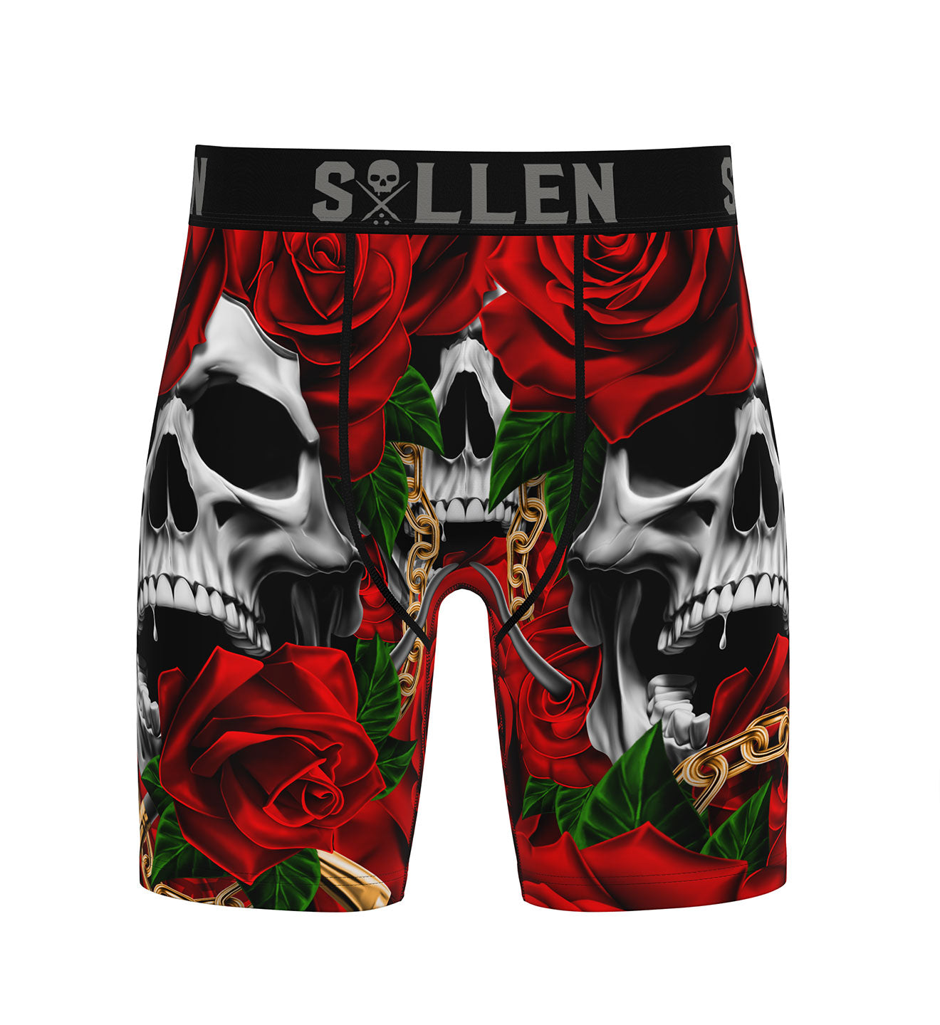 Boxer briefs with a skull and roses design on a white background