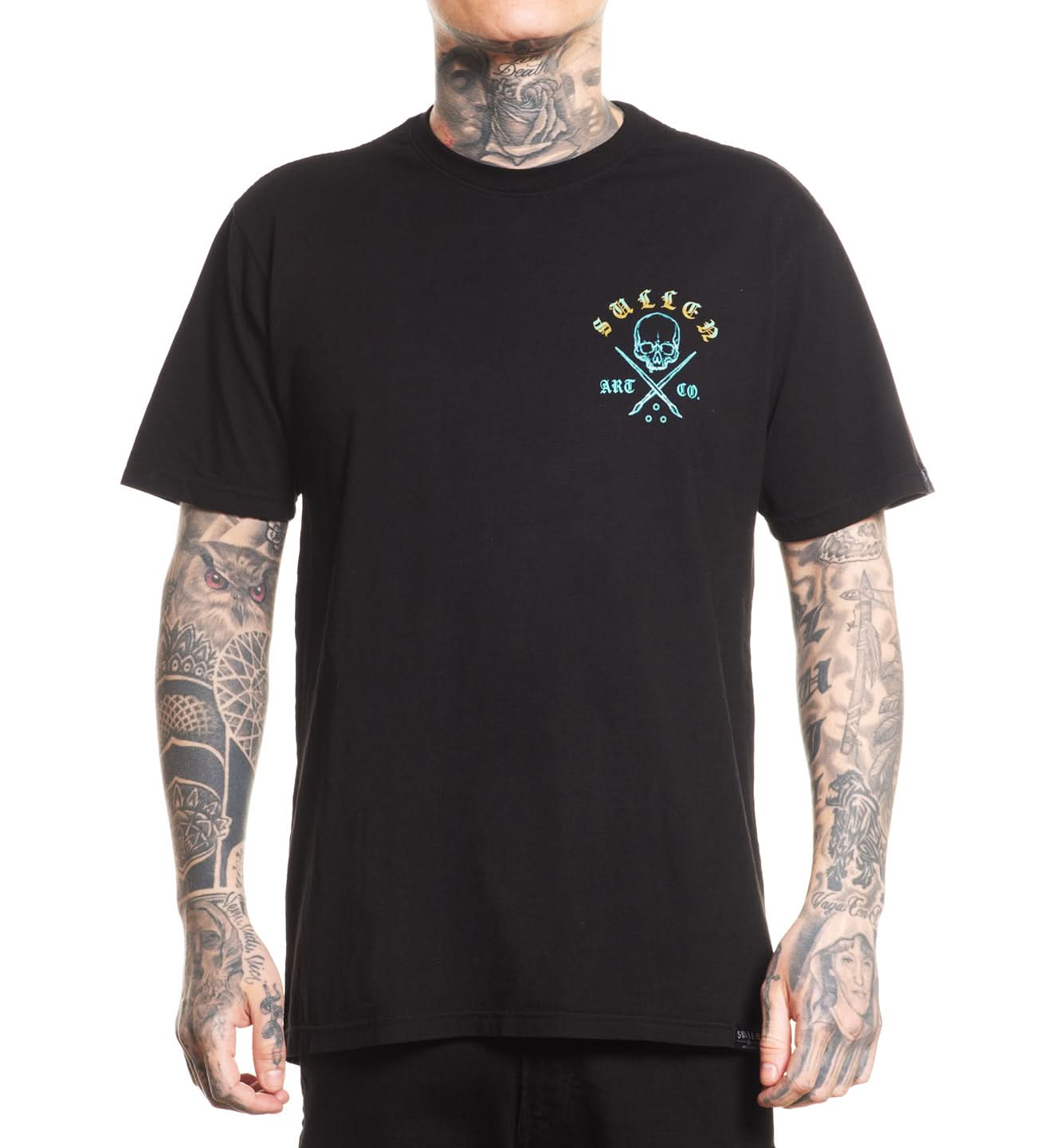 Black t-shirt with a logo on a white background
