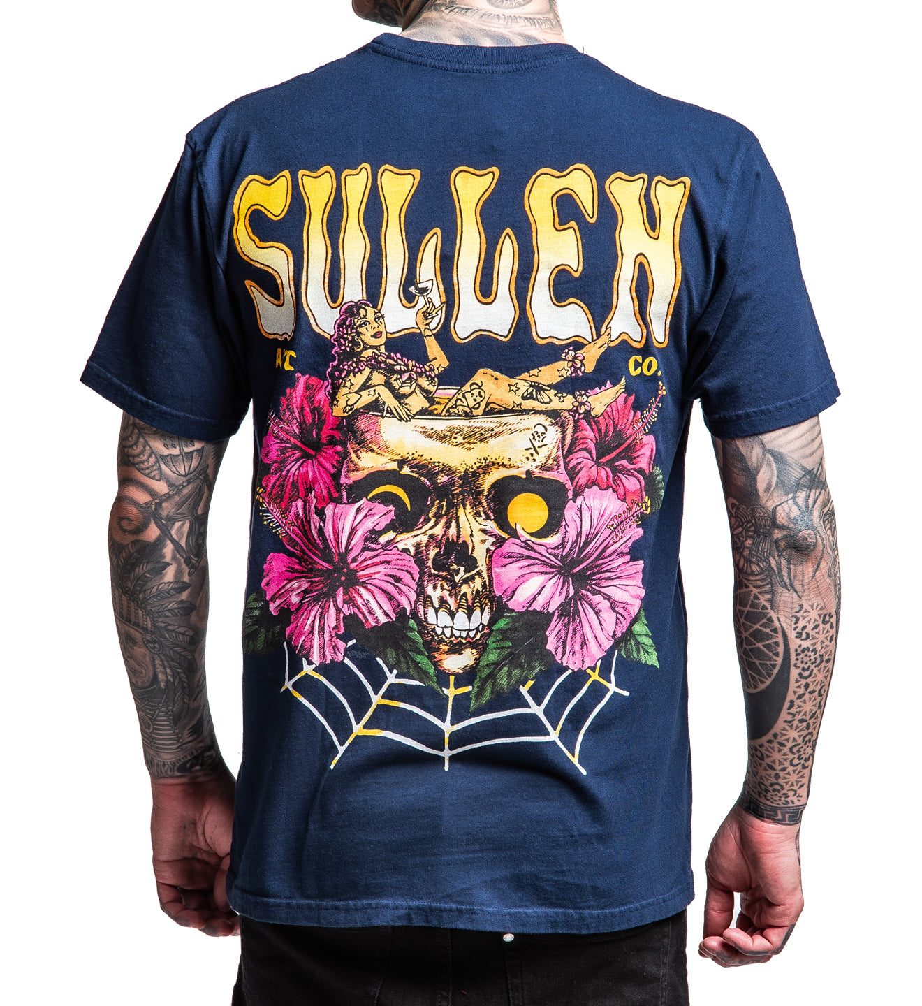 Navy blue t-shirt with a skull and floral design on the back, featuring the brand 'Sullen'.