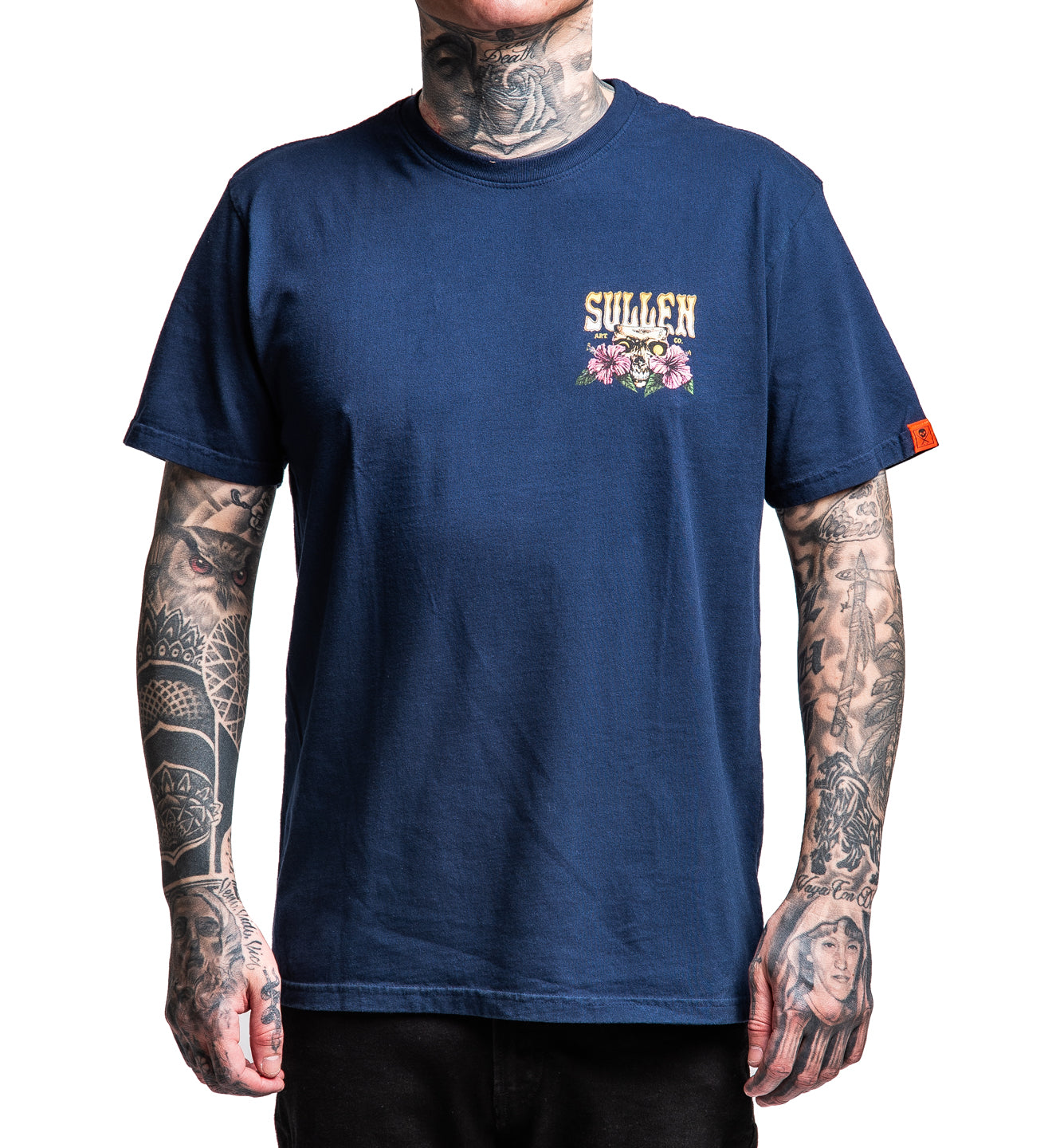 Person wearing a navy blue t-shirt with a brand logo on a white background