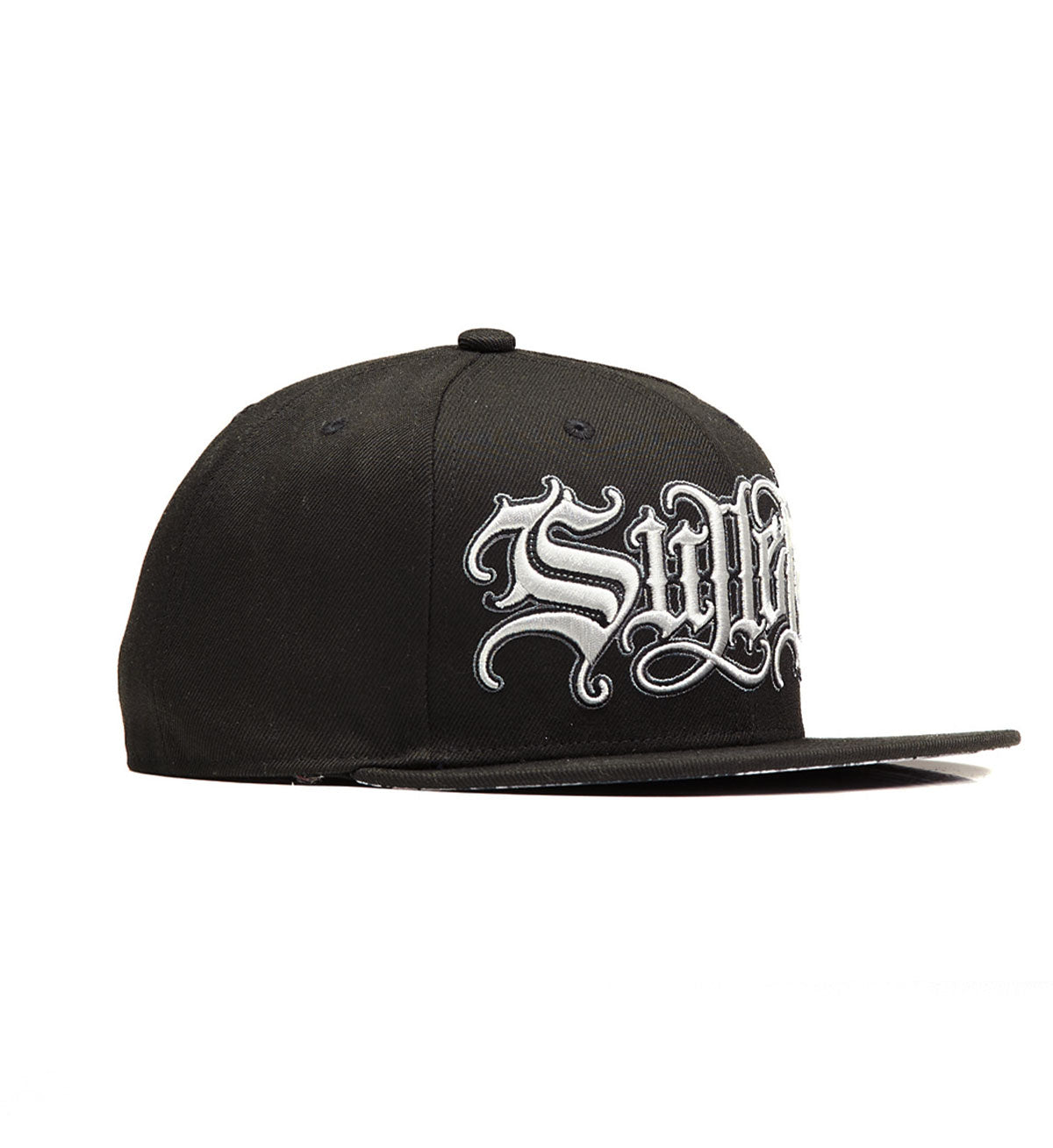 Black cap with white logo on a white background