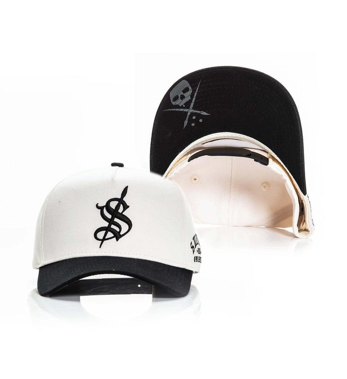Three baseball caps with different designs on a white background