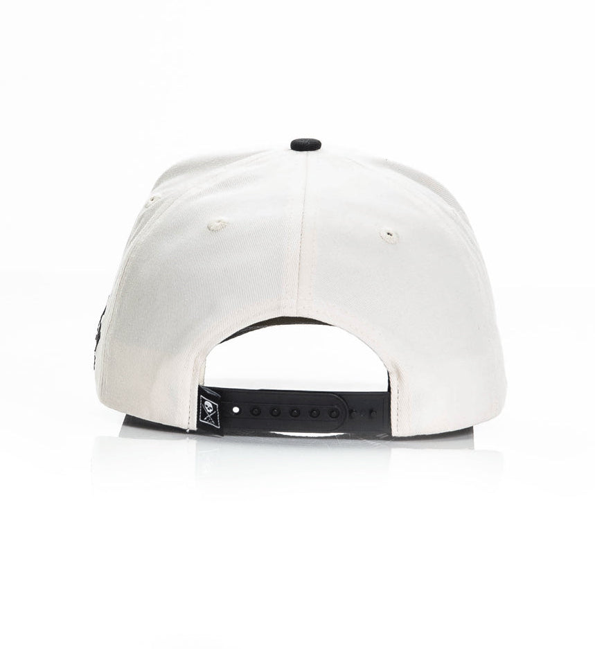 White cap with black accents on a white background