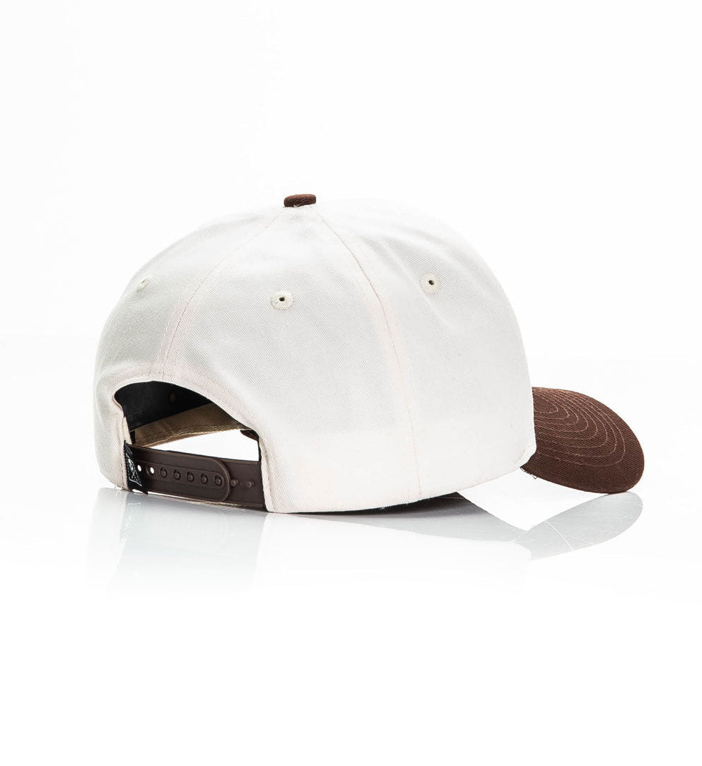 White cap with brown brim on a white background