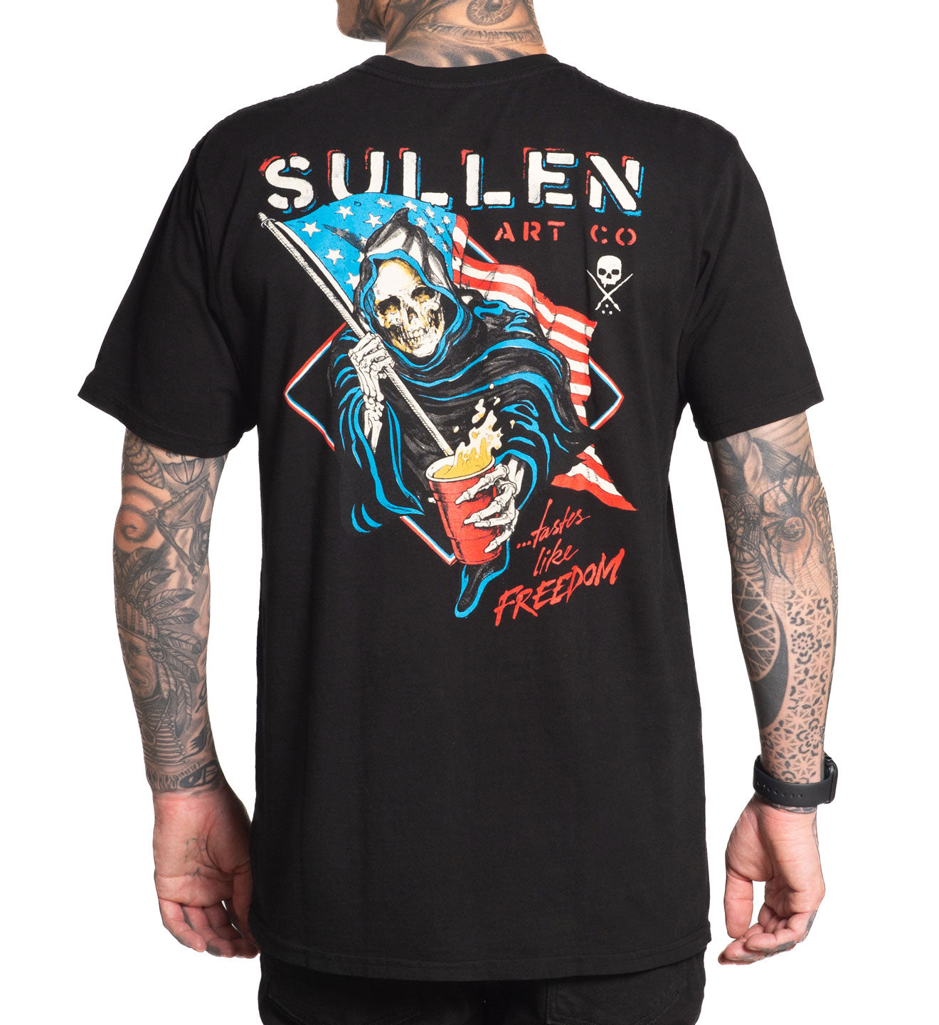 Black t-shirt with a graphic design featuring a skeleton holding an American flag and the text 'Sullen Art Co'.