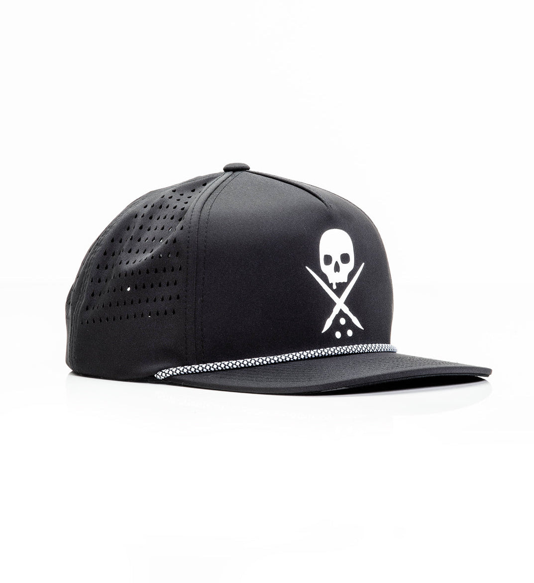 Black cap with skull and crossbones design on a white background