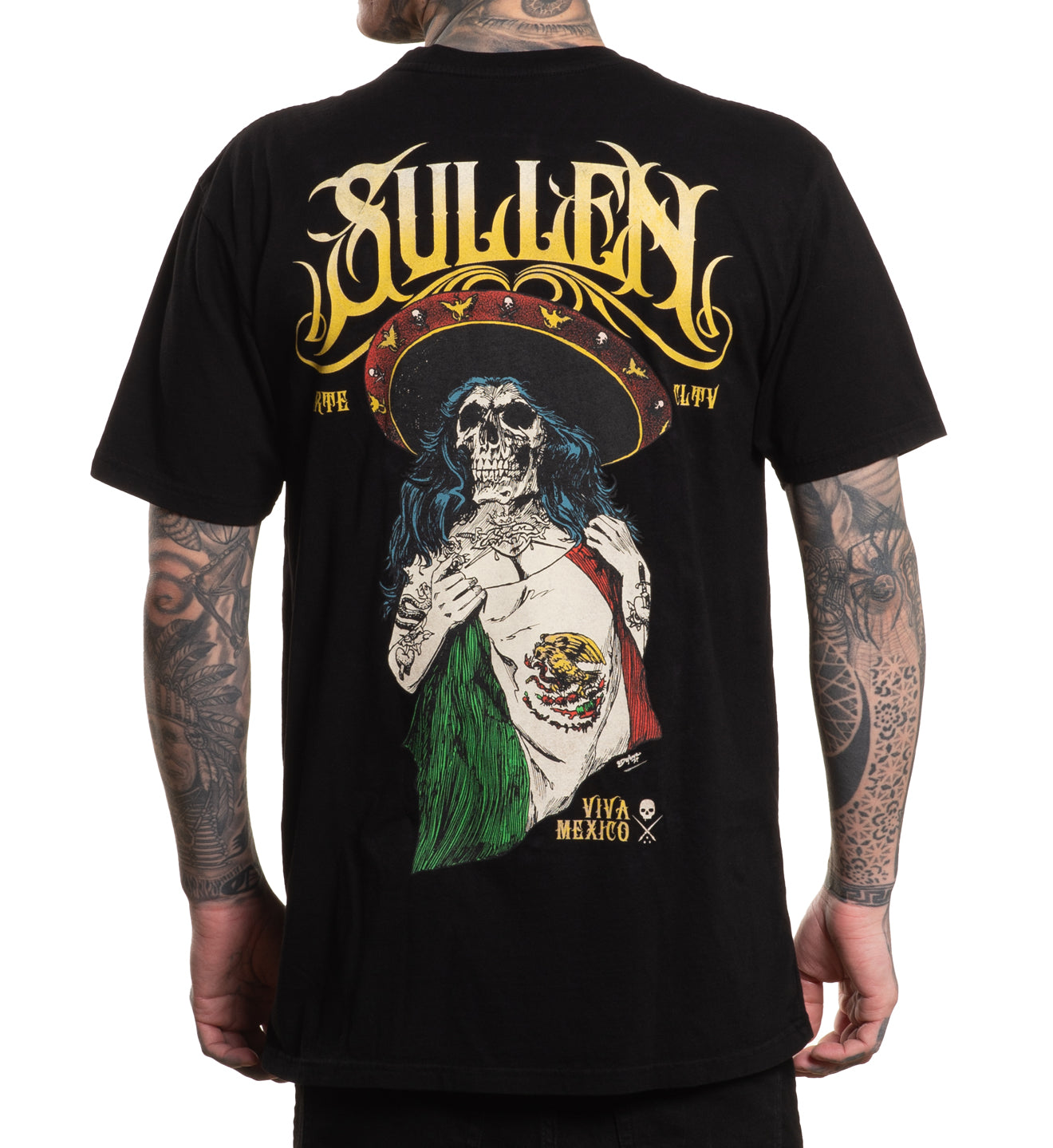 Black t-shirt with a graphic design of a skeleton wearing a sombrero and Mexican flag, brand 'Sullen' visible.