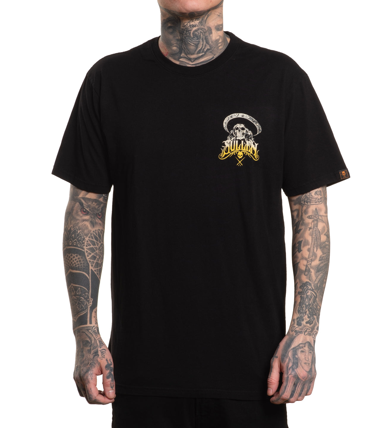 Black t-shirt with a logo on the chest worn by a person with tattoos.