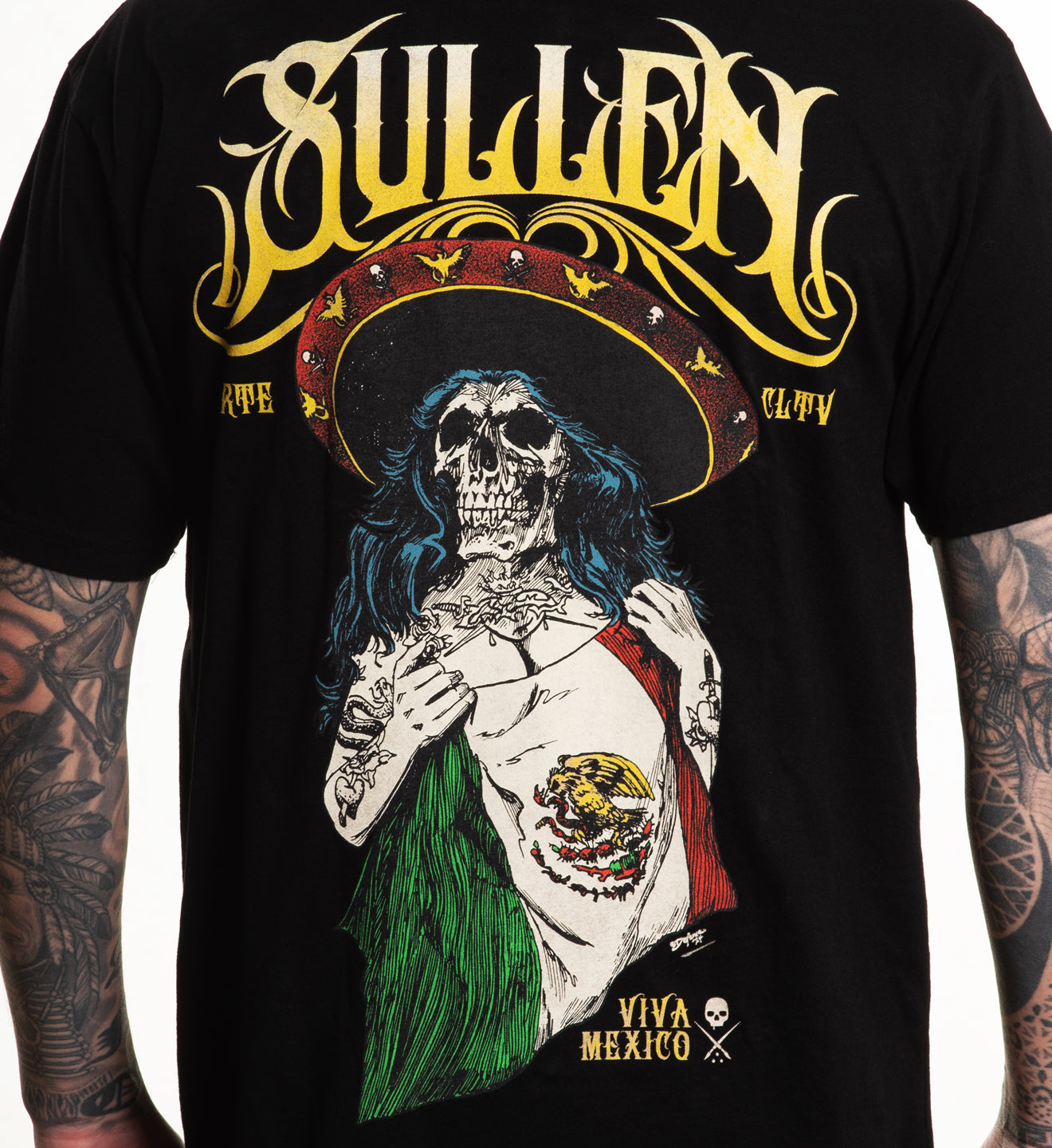 Black t-shirt with a skeleton wearing a sombrero and Mexican flag design, featuring the brand 'Sullen'.