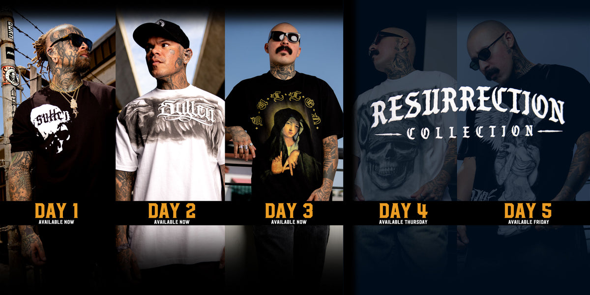 A promotional collage for the 'Resurrection Collection' showing five different graphic t-shirts modeled by tattooed men, labeled 'DAY 1' through 'DAY 5' with release dates. The shirts feature various designs including a skull graphic, a gothic font graphic, a gothic portrait, a skull with 'RESURRECTION COLLECTION' text, and a dark graphic print.