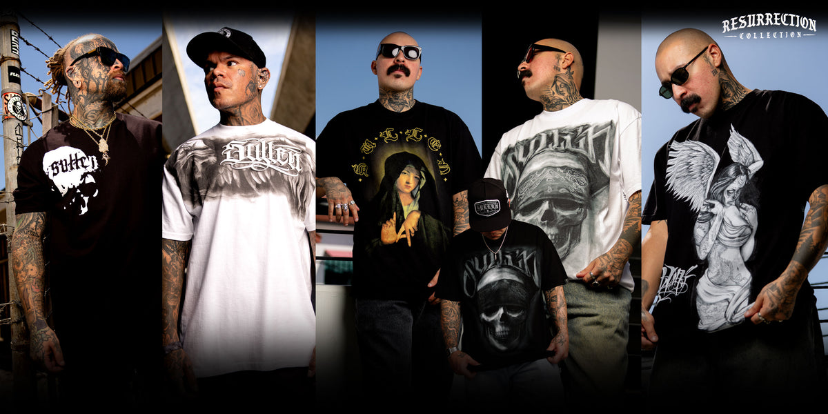 A promotional collage featuring five tattooed men modeling various black graphic t-shirts with heavy metal and religious themes, including the text 'RESURRECTION COLLECTION' in the top right corner.