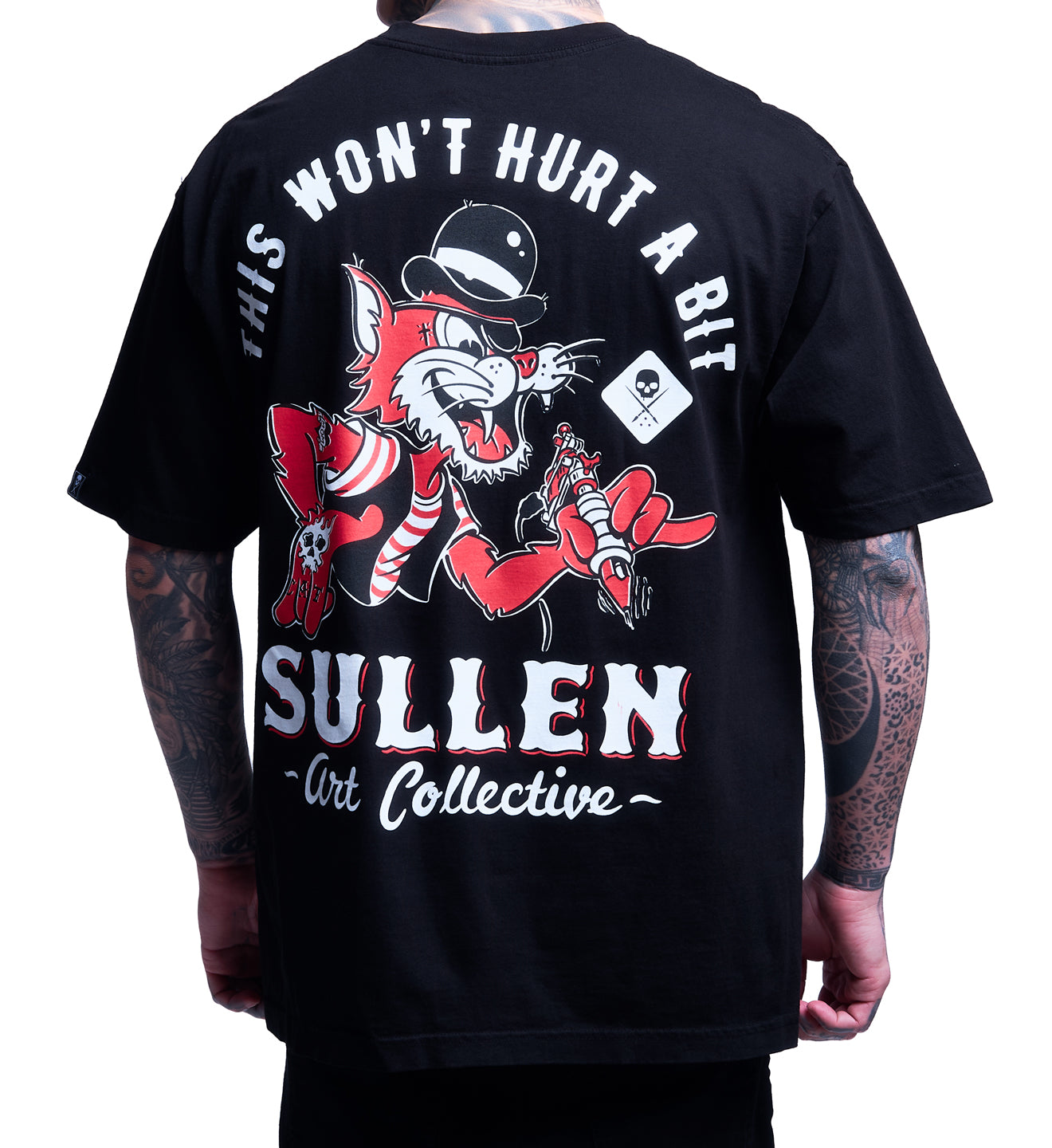 Black t-shirt with a graphic design and text on the back, worn by a person.