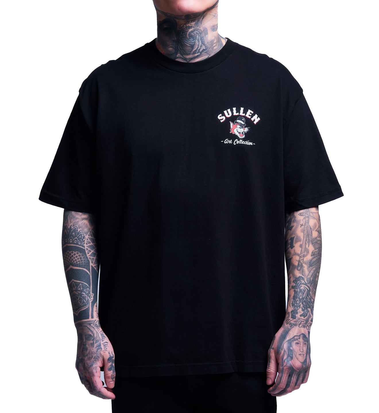 Black t-shirt with 'Sullen' logo worn by a person with tattoos on a white background