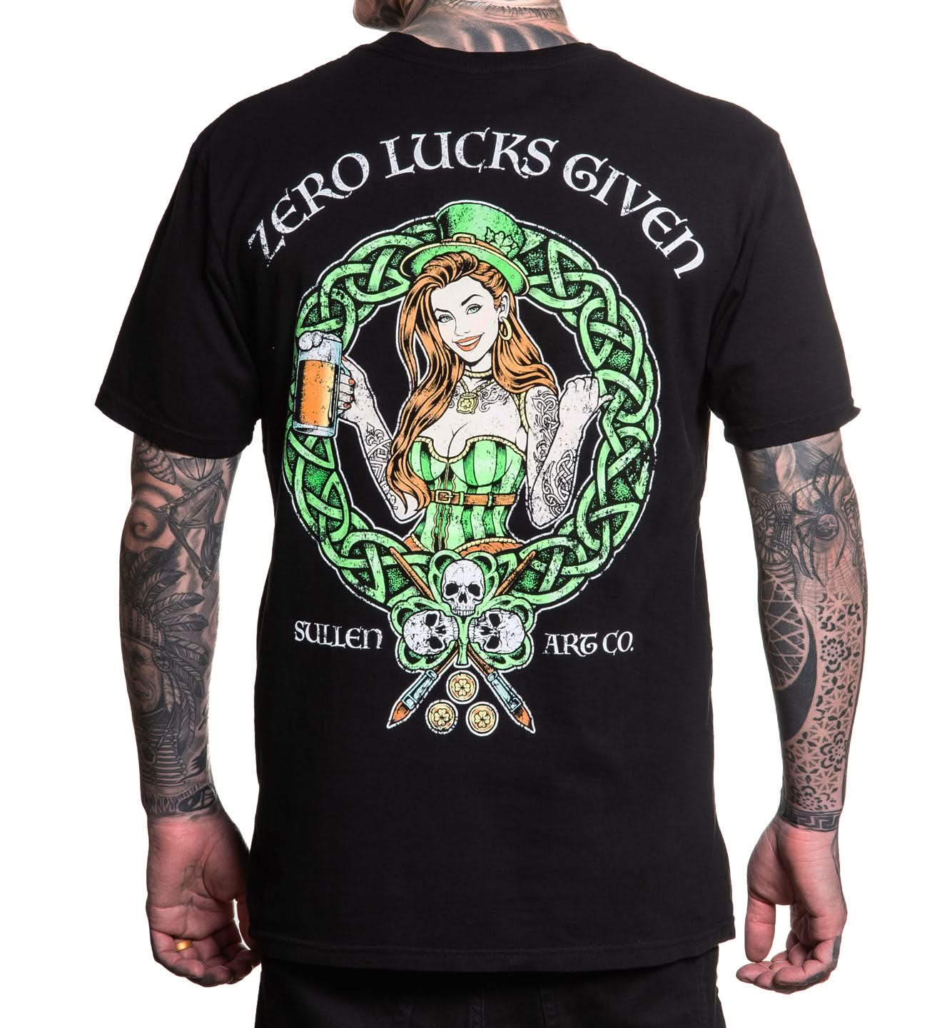 Black t-shirt with a graphic design of a woman holding a sword and a 'Zero Lucks Given' text on the back.
