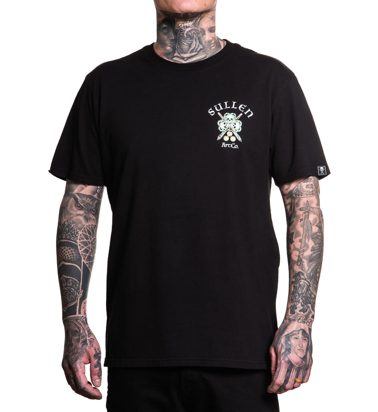 Person wearing a black t-shirt with a logo on a white background