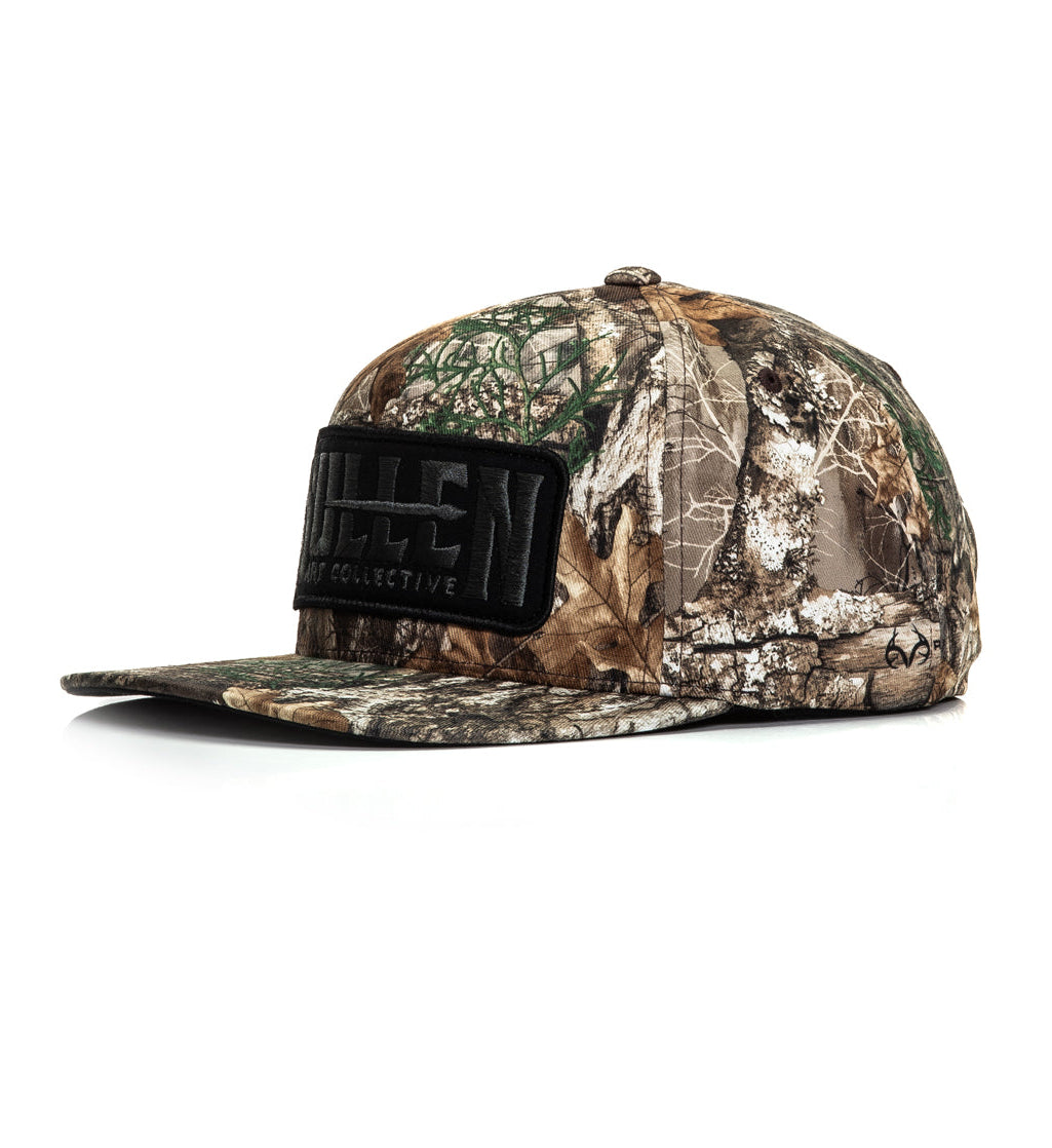 Camouflage baseball cap with a brand logo on a white background