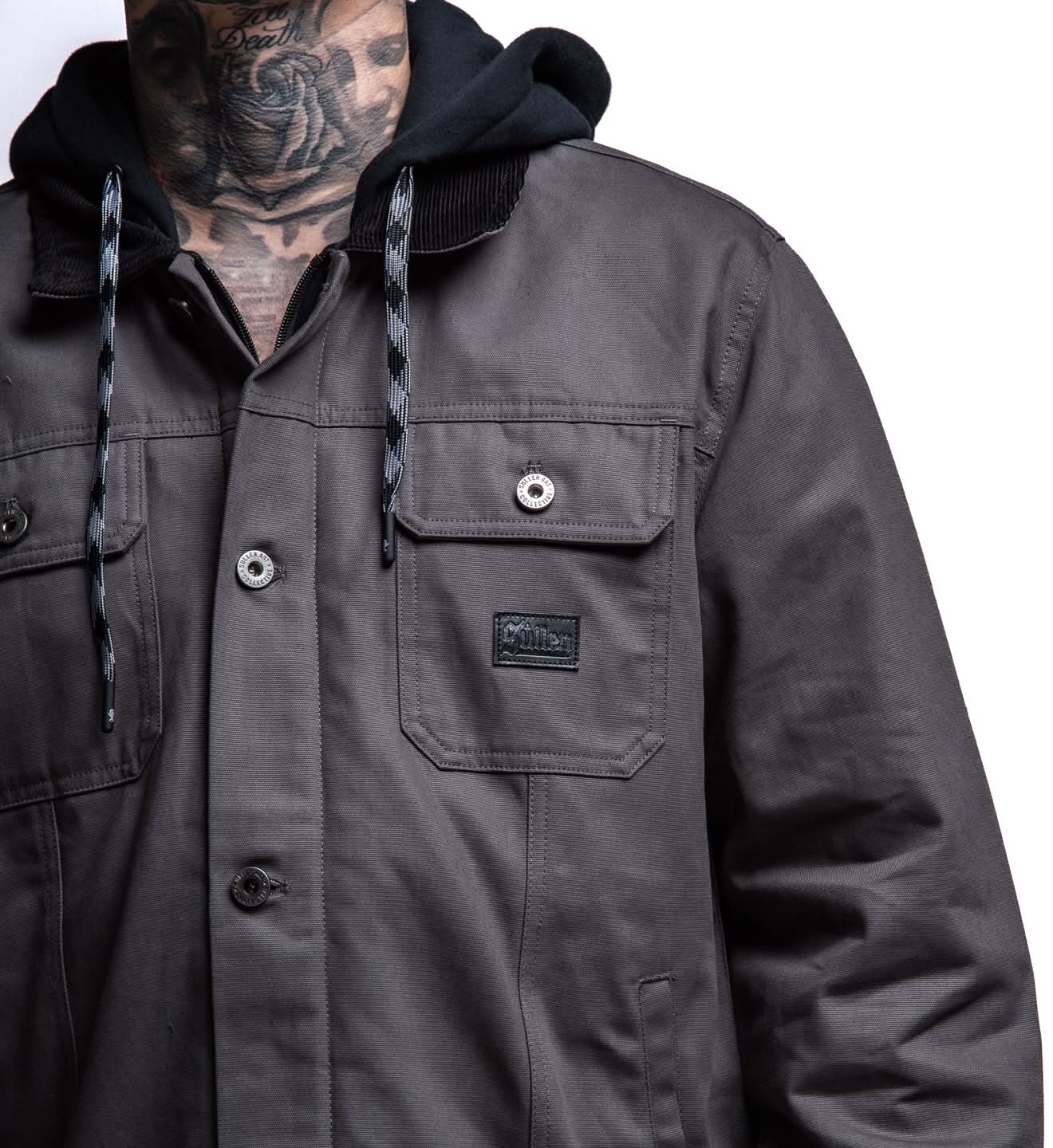 Dark gray jacket with a brand logo on a white background