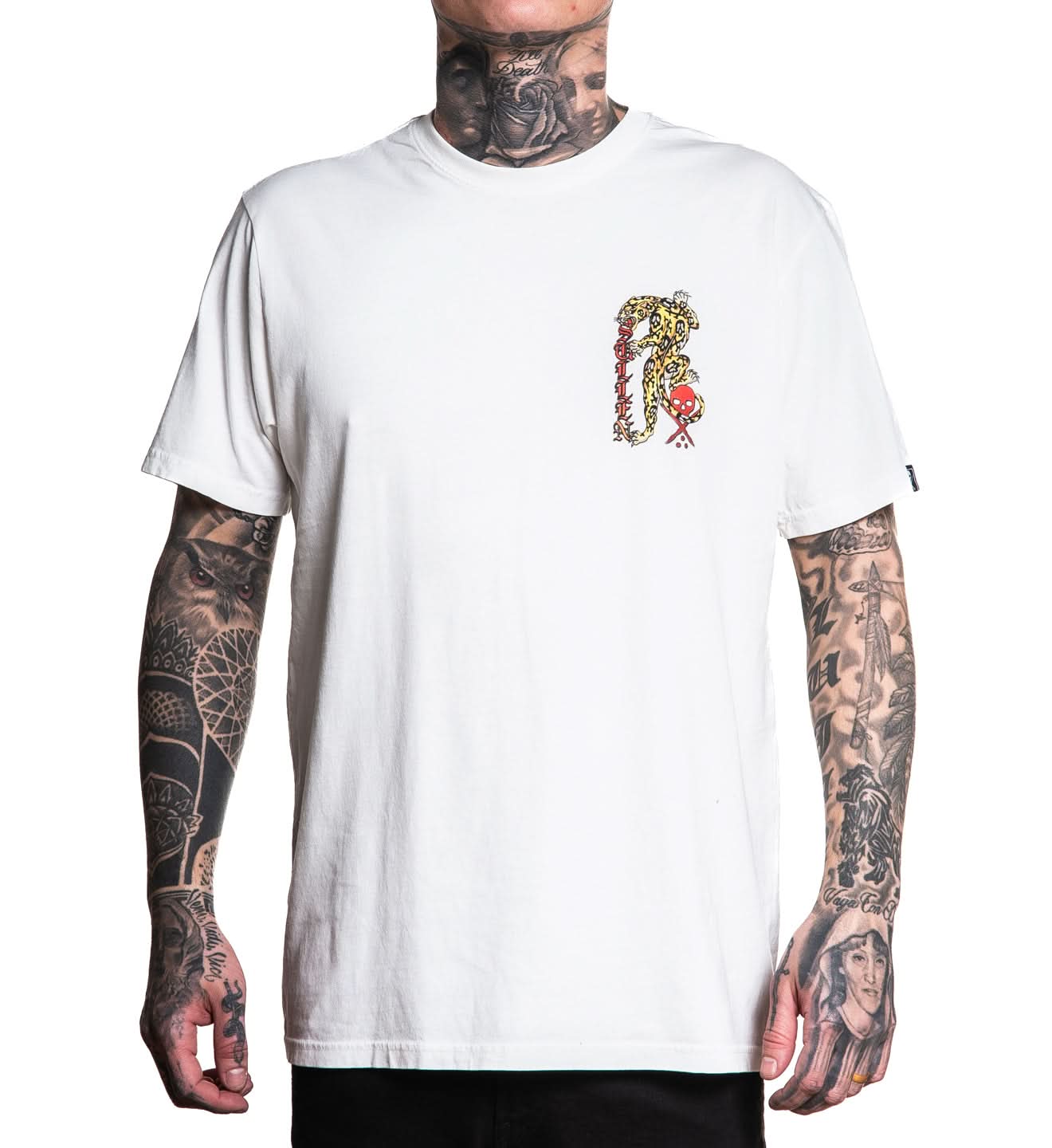 Person wearing a white t-shirt with a colorful graphic design on a white background