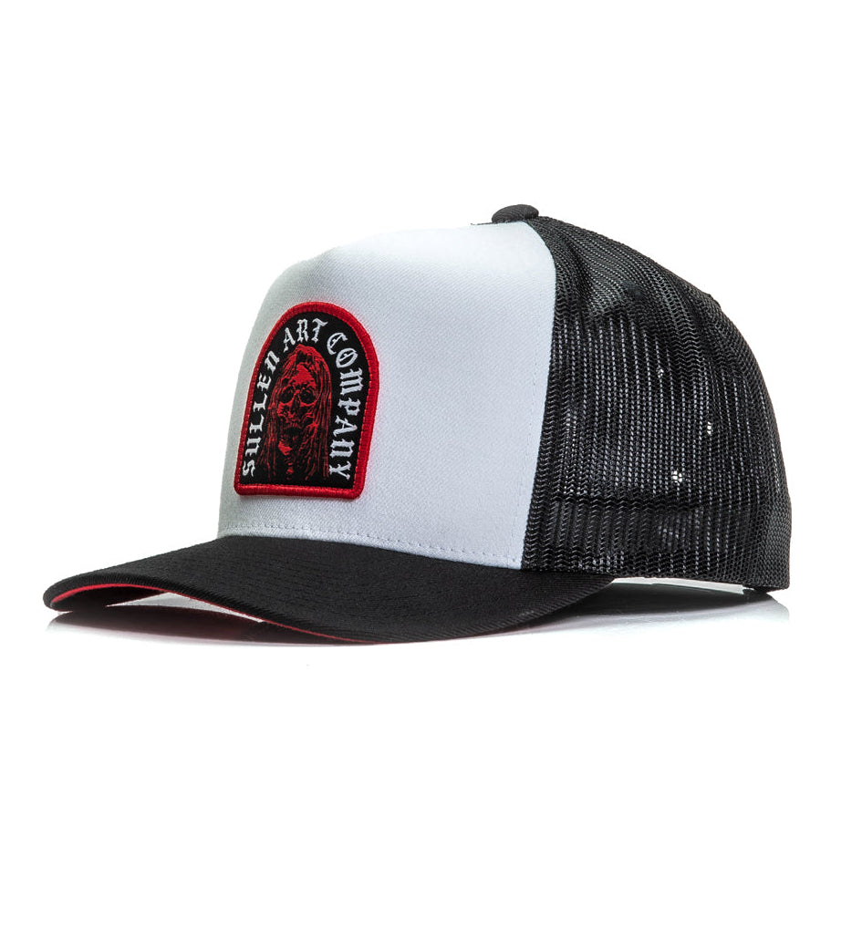 Black and white trucker cap with a red and black logo on a white background