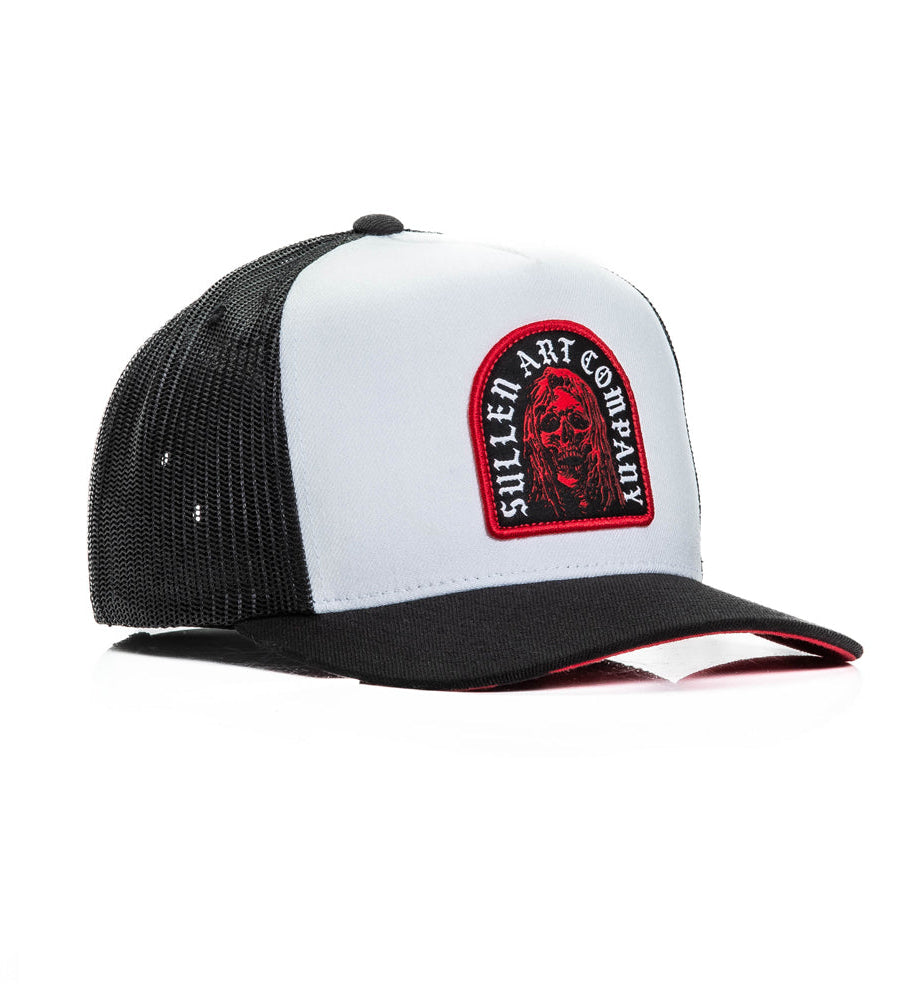 Black and white cap with a red and black logo on a white background