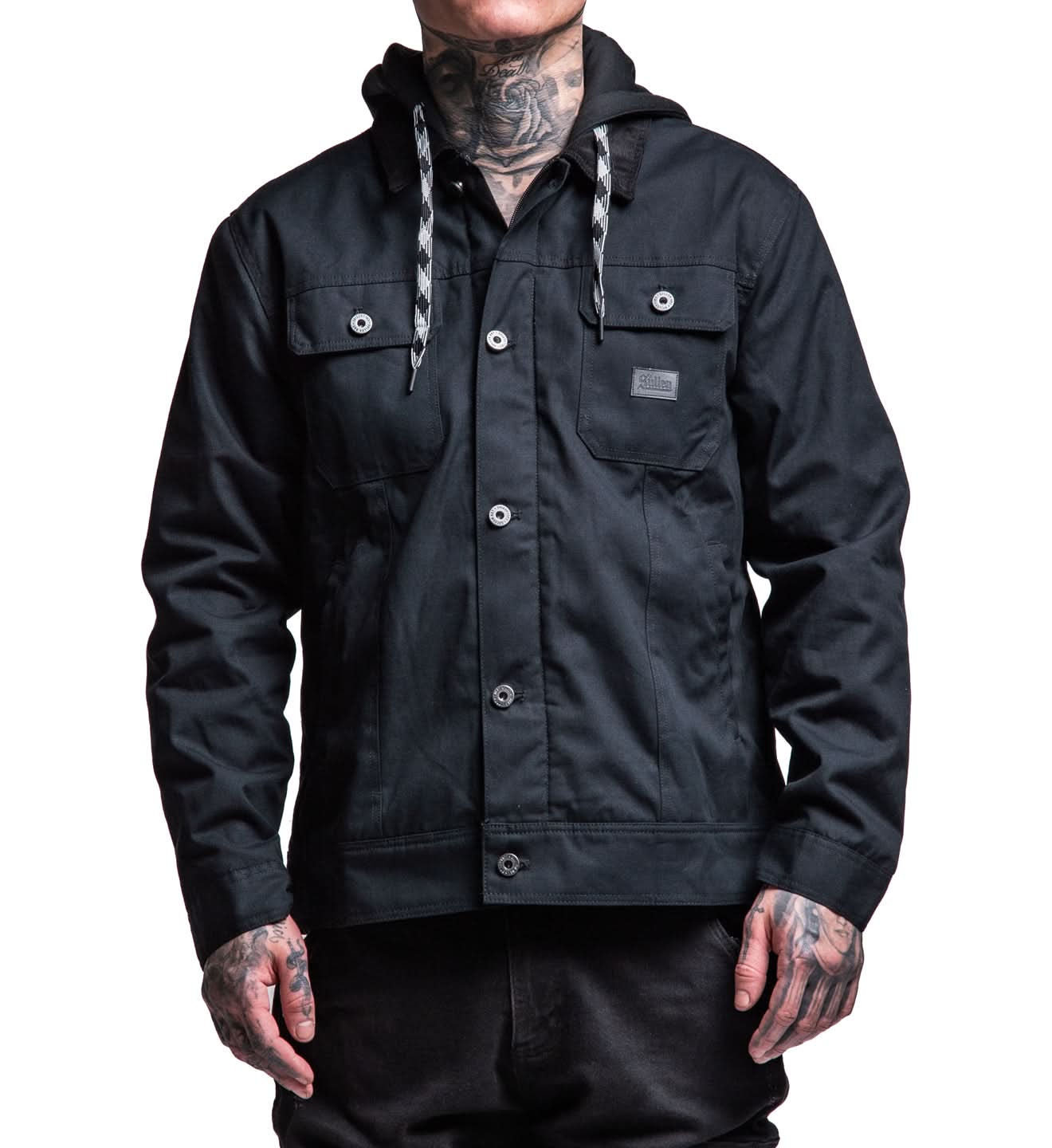Black jacket with button details on a white background