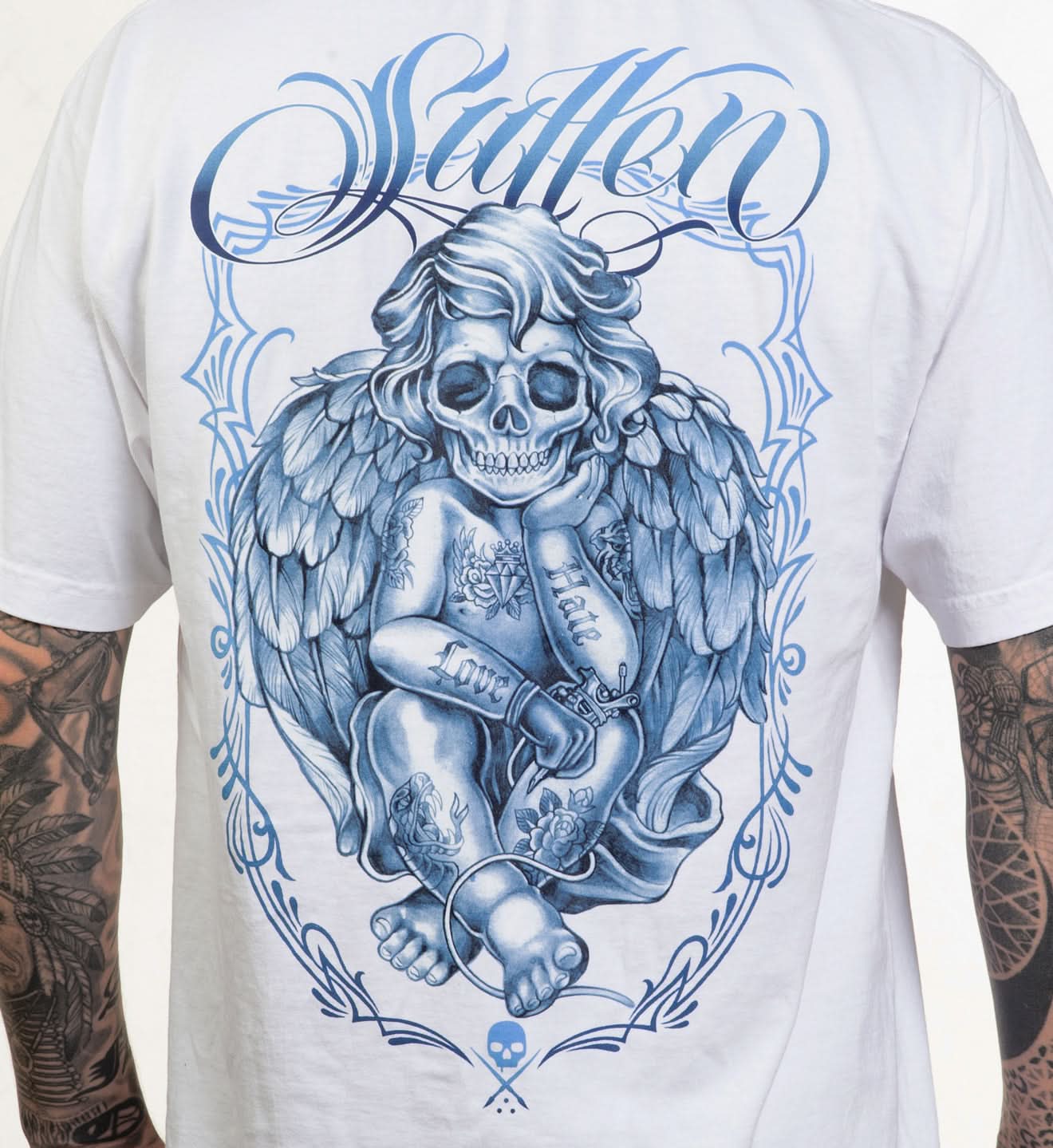 White t-shirt with blue angel skeleton design and 'Stiffen' text on a person wearing it.