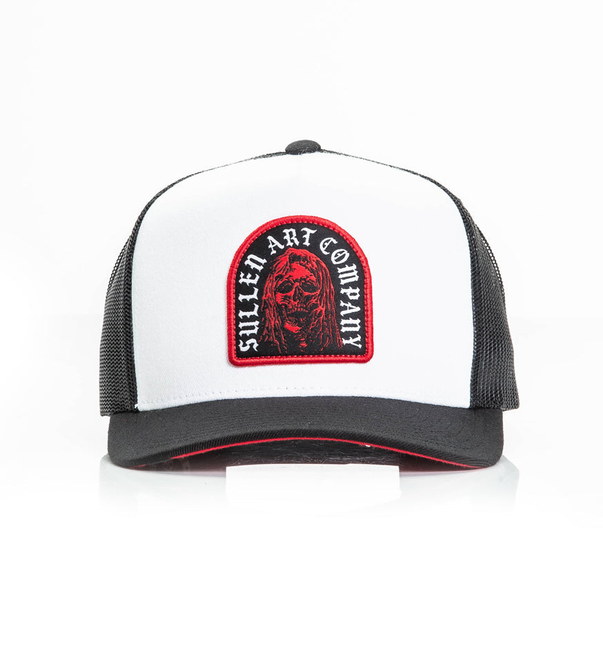 White and black cap with a red and black logo on a white background