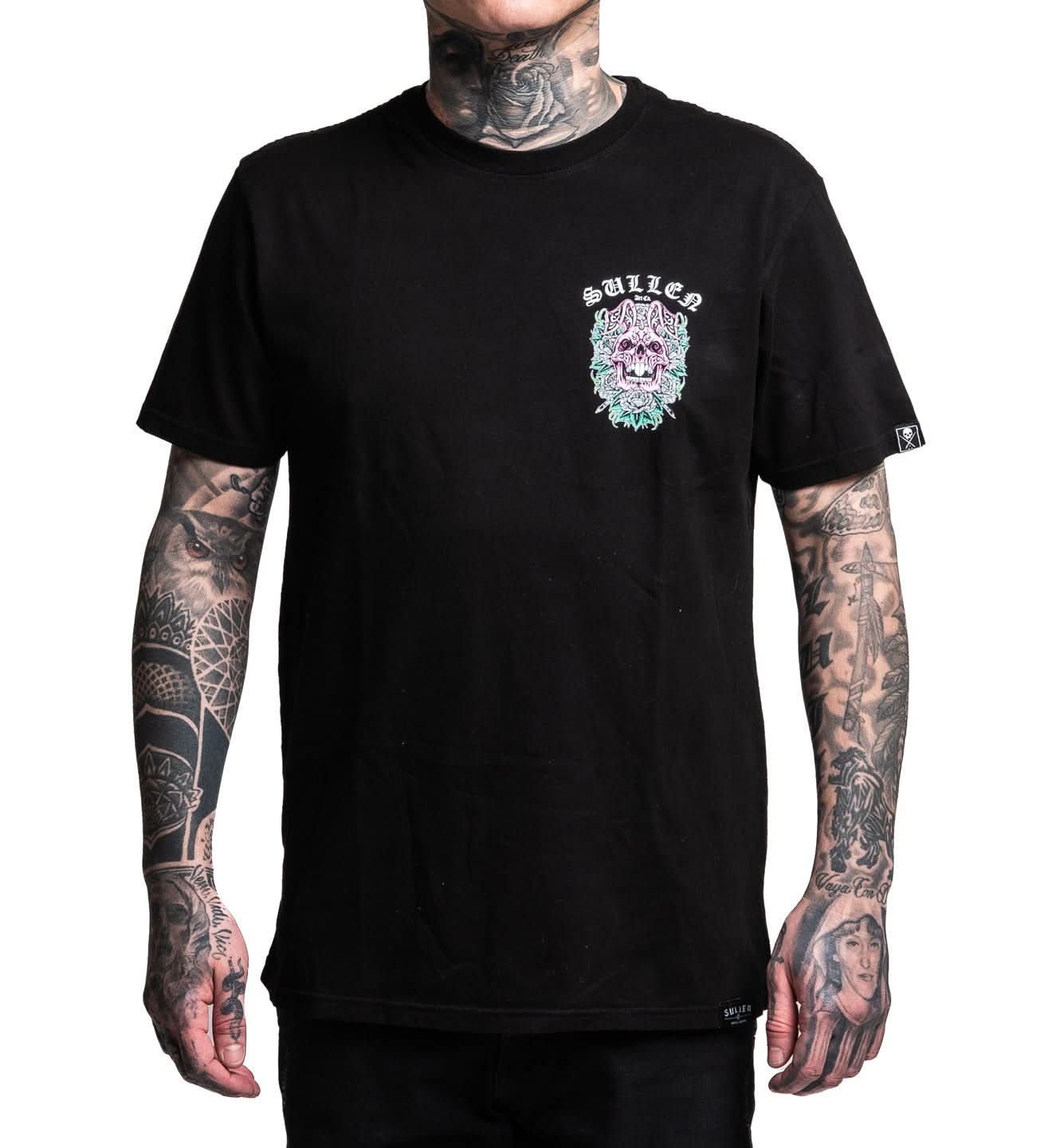 Person wearing a black t-shirt with a colorful graphic design on a white background