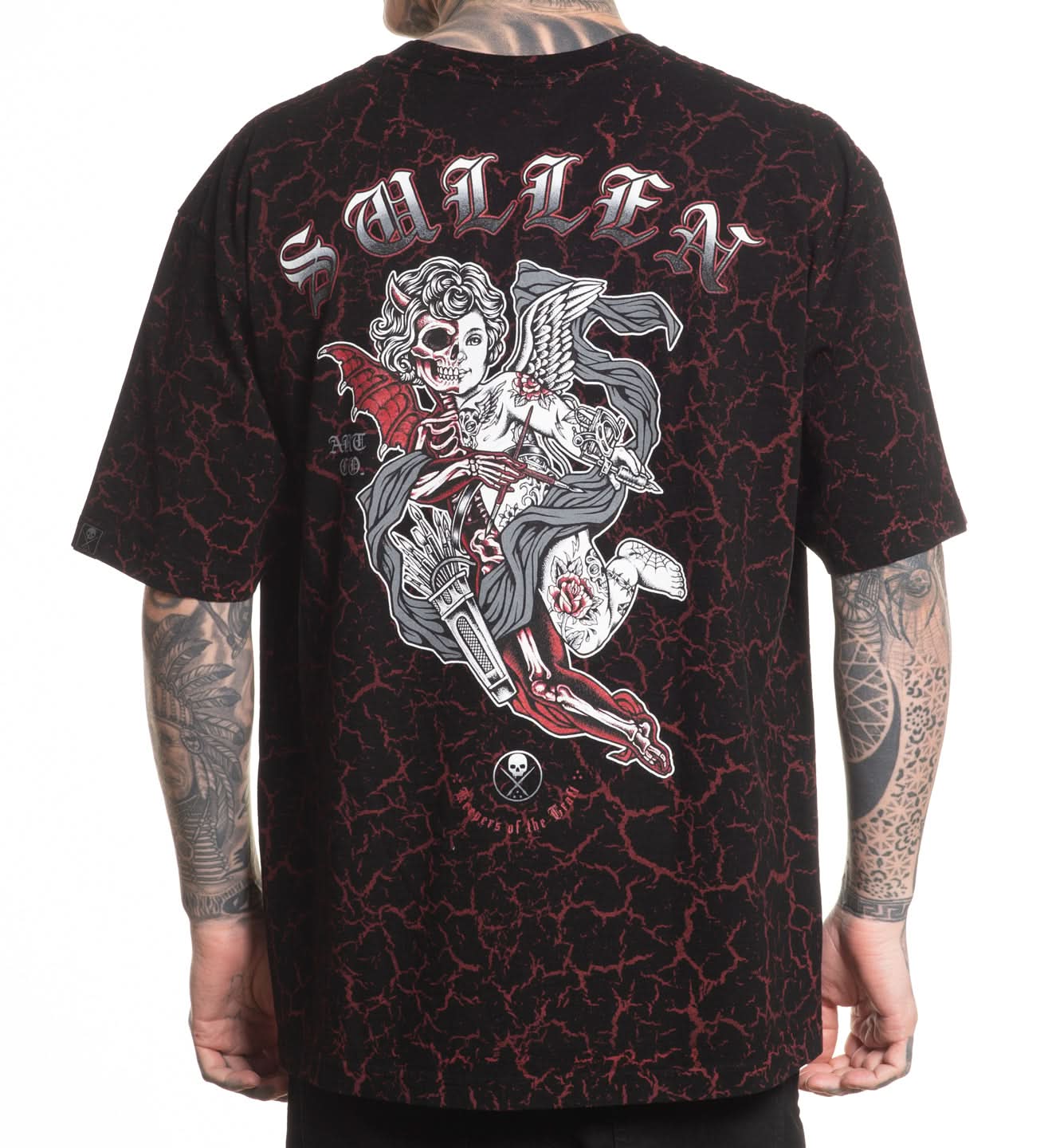 Black t-shirt with a graphic design on the back, featuring a stylized angel and text.