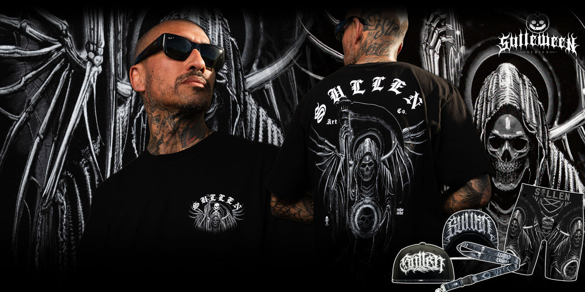 A man wearing a black graphic t-shirt with gothic and grim reaper designs, shown from both the front and back against a matching black and white grim reaper themed background.