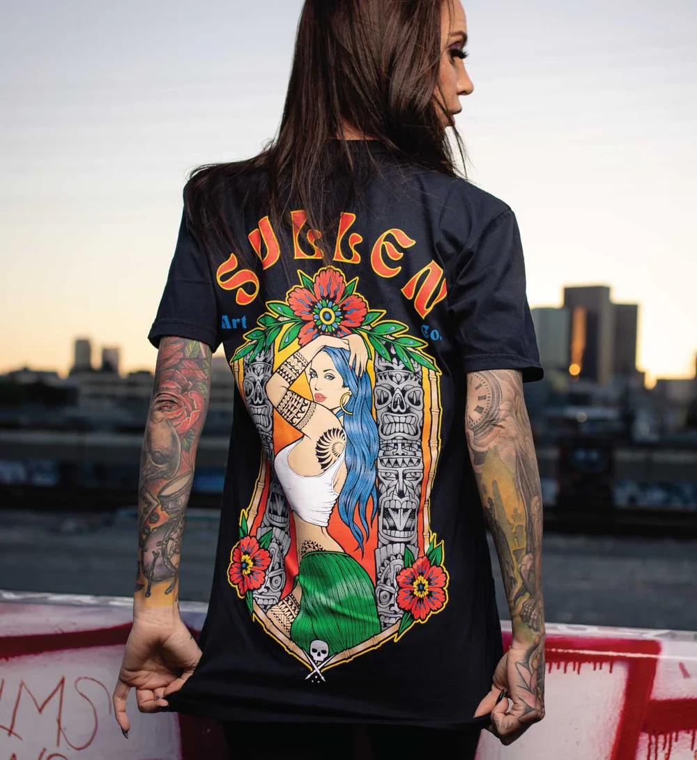 Female tattoo model wearing a Sullen premium T shirt