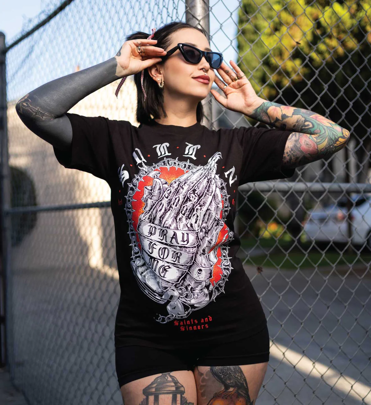 Woman wearing Sullen Pray For Me Standard Tee