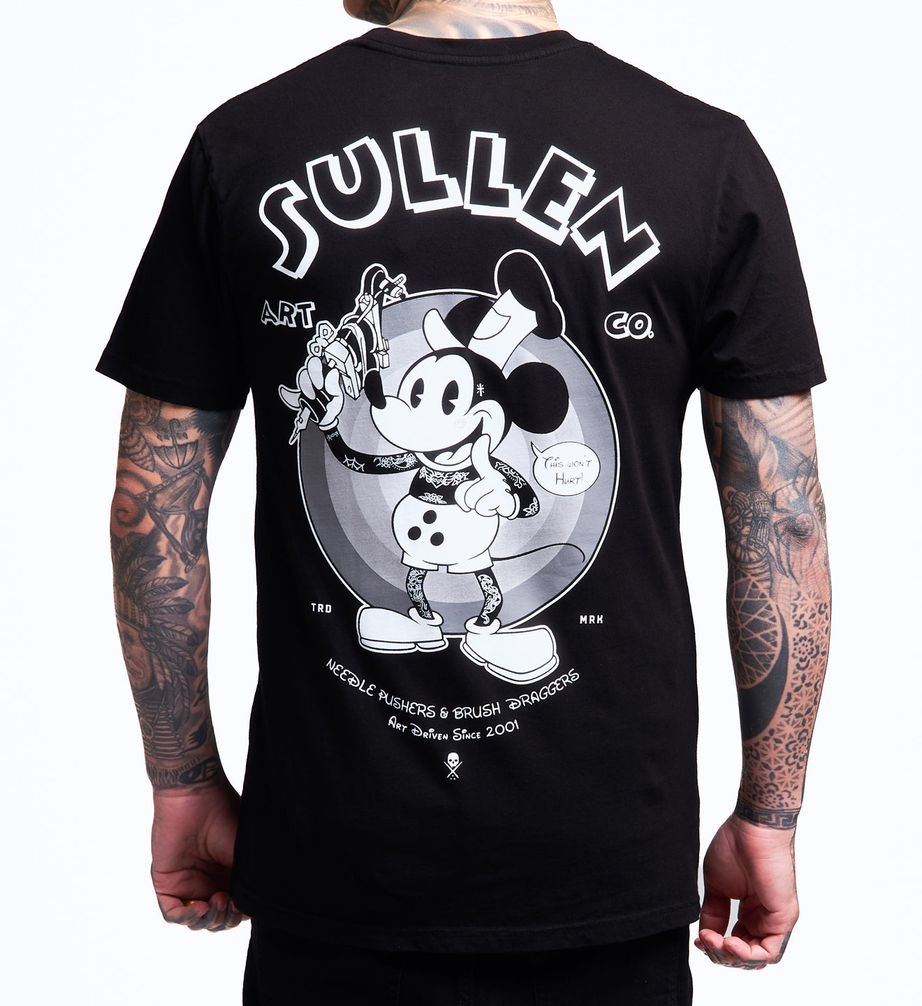 Black t-shirt with a graphic design and 'Sullen' branding on the back