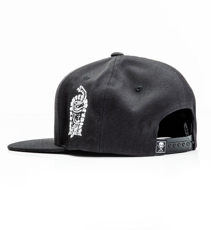 Black cap with white logo on a white background