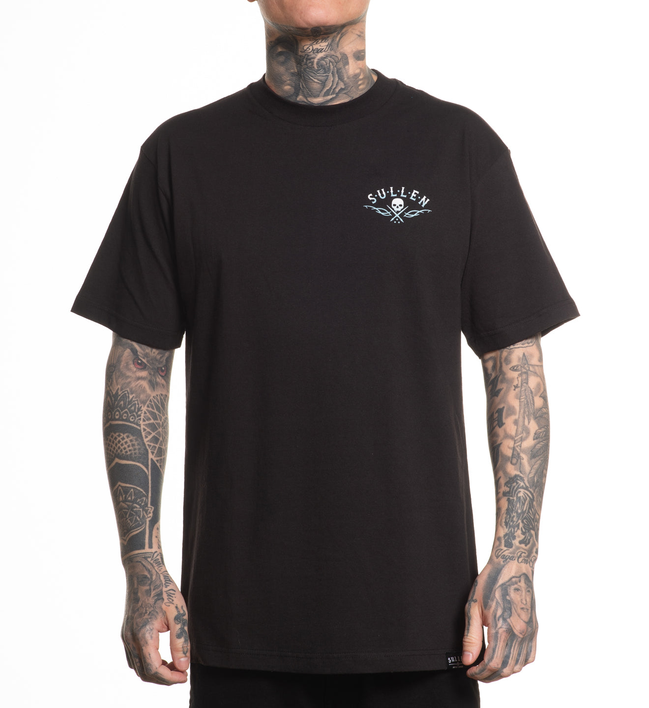 Person wearing a black t-shirt with a logo on a white background