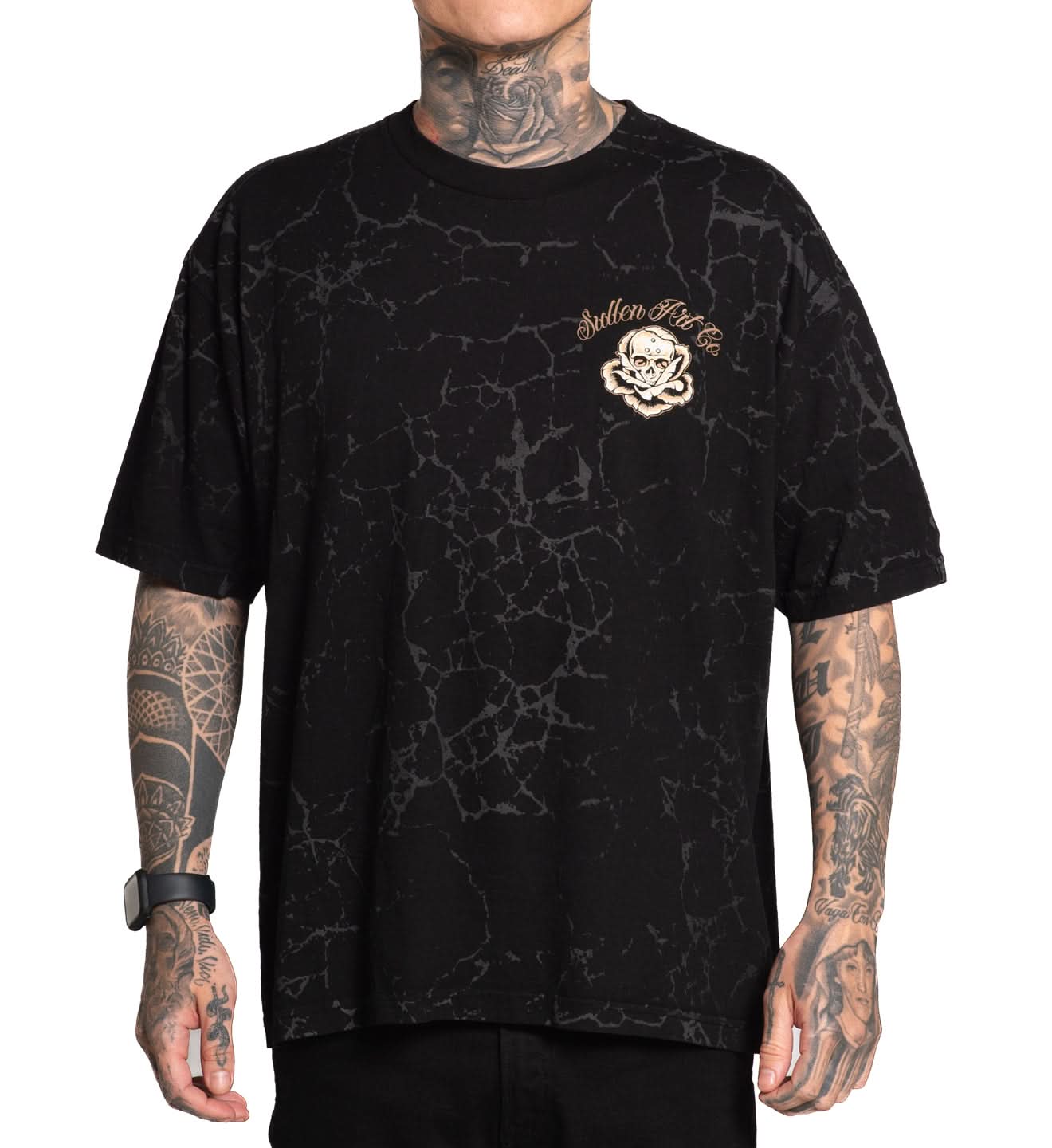 Black t-shirt with a logo on a white background