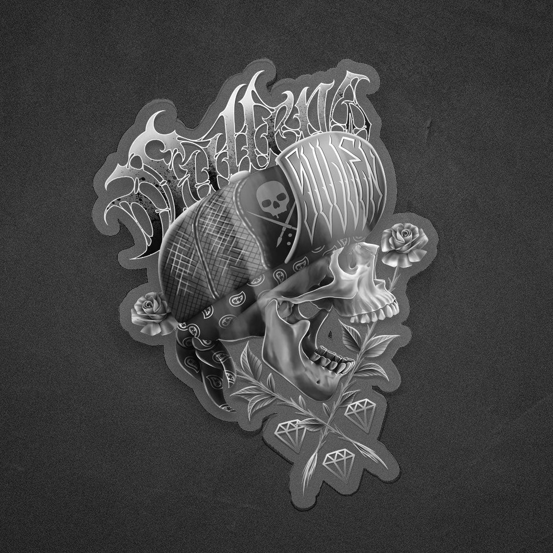 Decorative skull design with text on a dark background