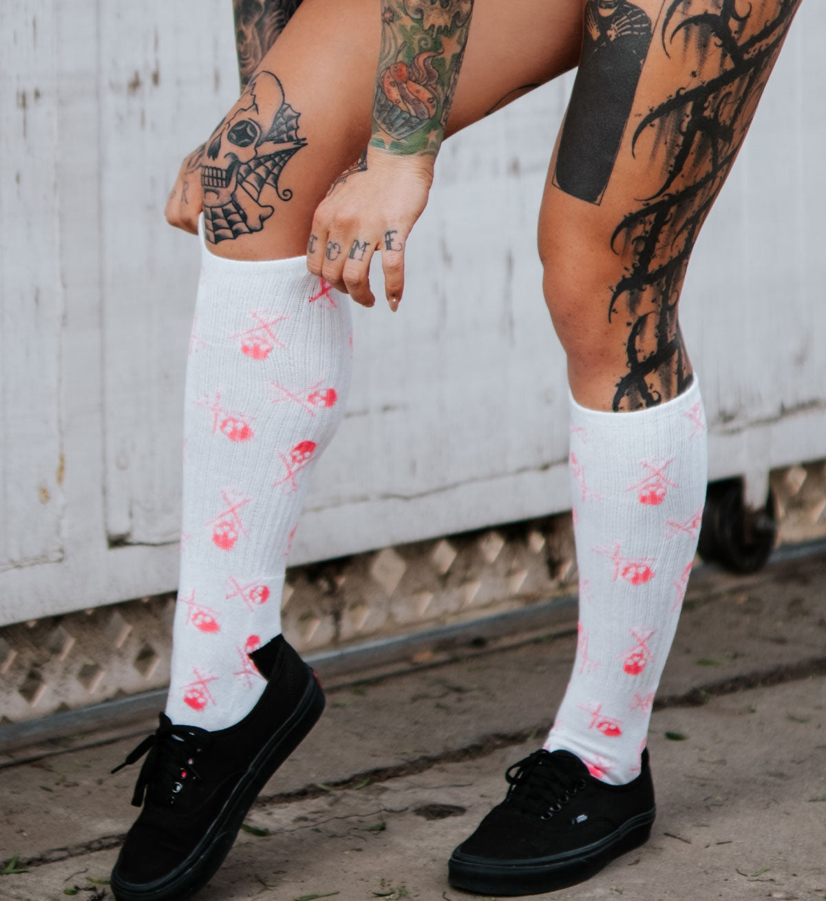 White/Pink Badged Socks 10"