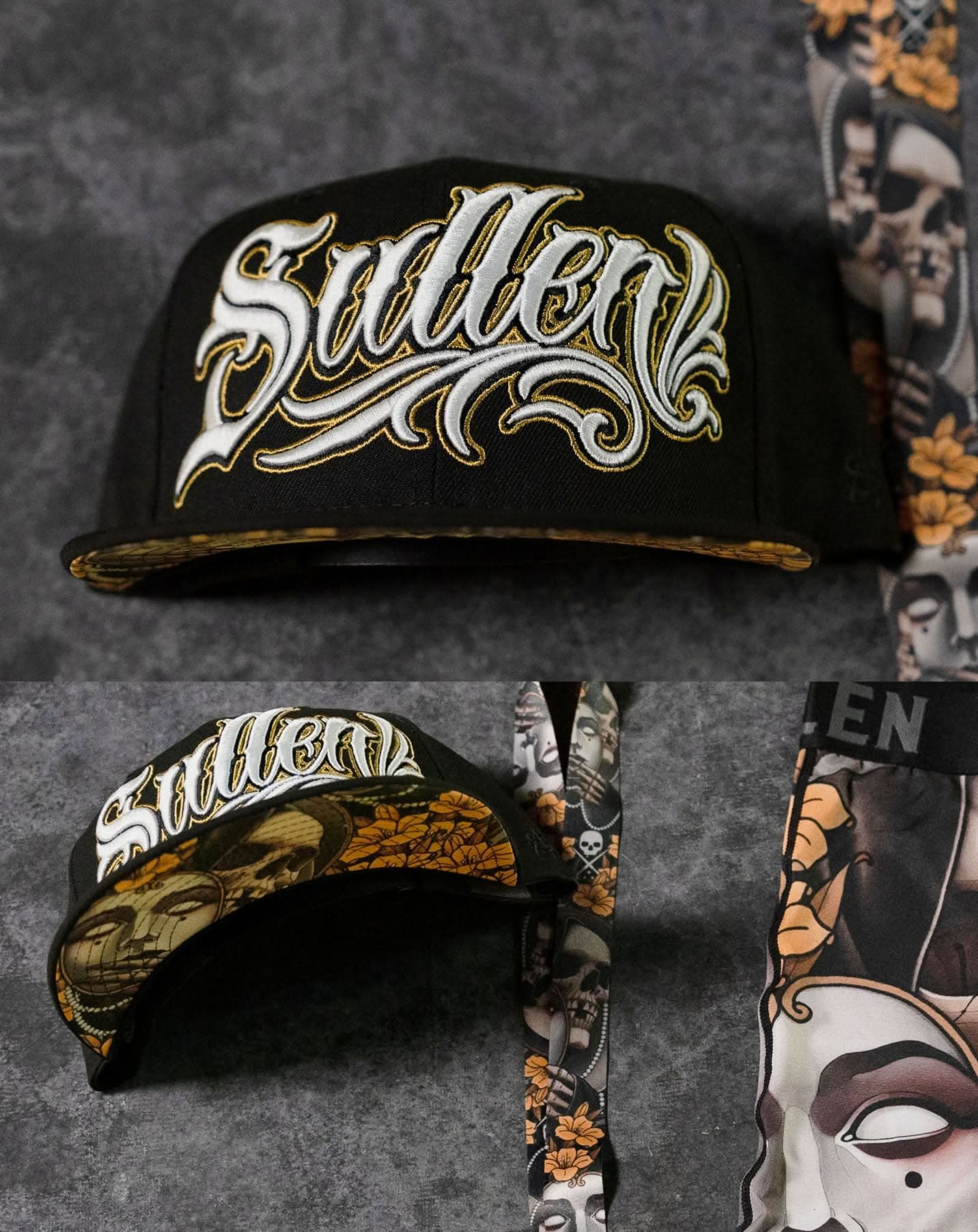 GOLD WHITE AND BLACK ART DRIVEN SNAPBACK WITH SULLEN PUFF EMBROIDERED LETTERING