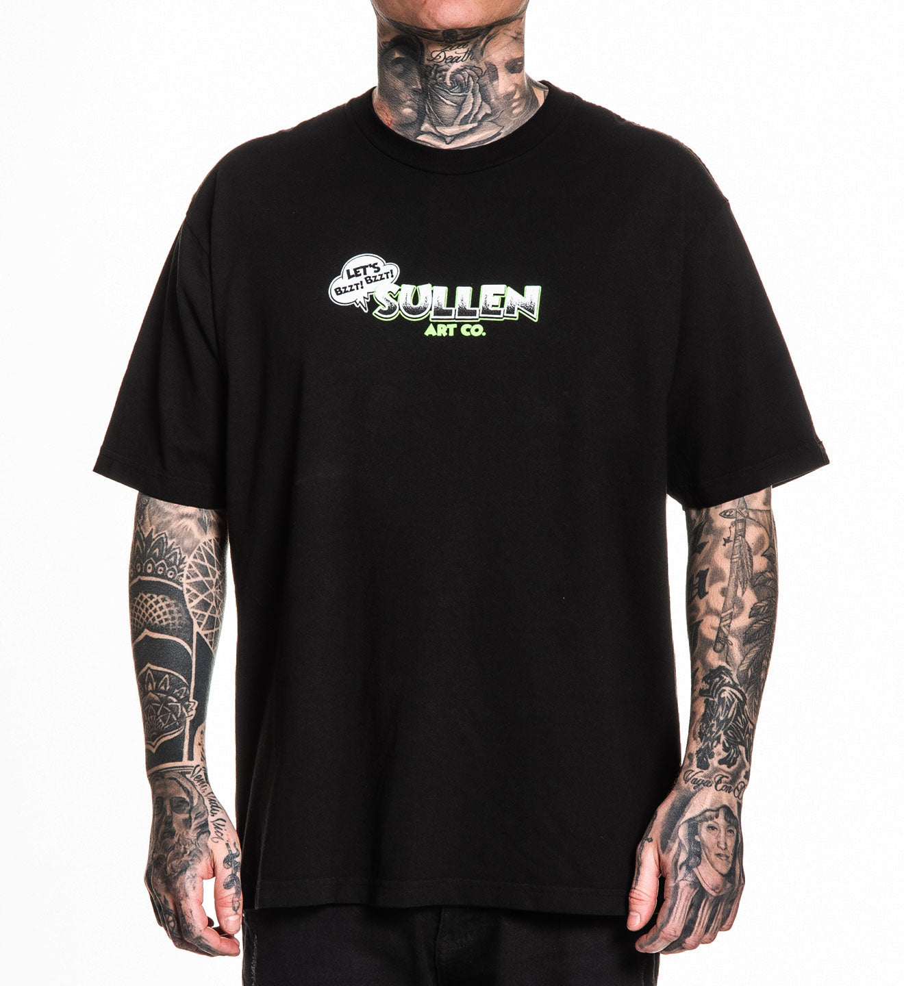 Person wearing a black t-shirt with a logo on a white background