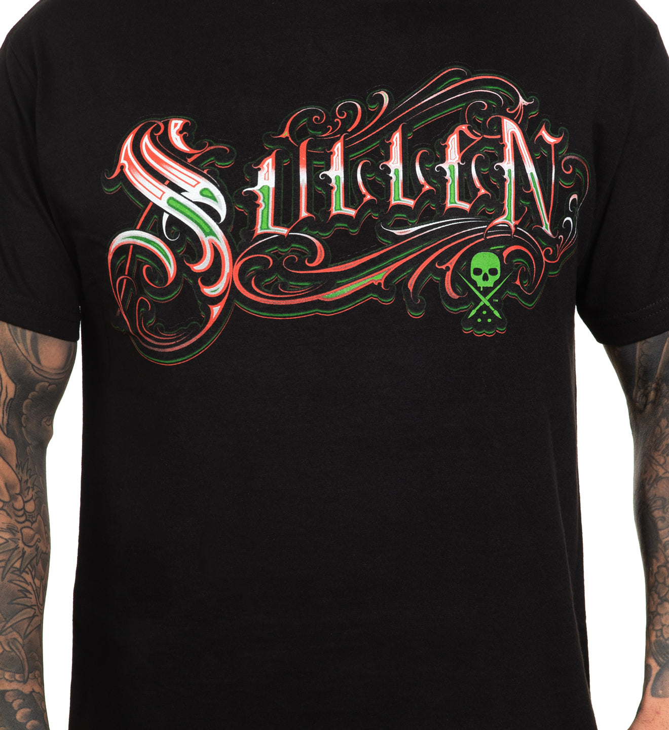 Black t-shirt with 'Sullen' logo featuring a snake and skull design.