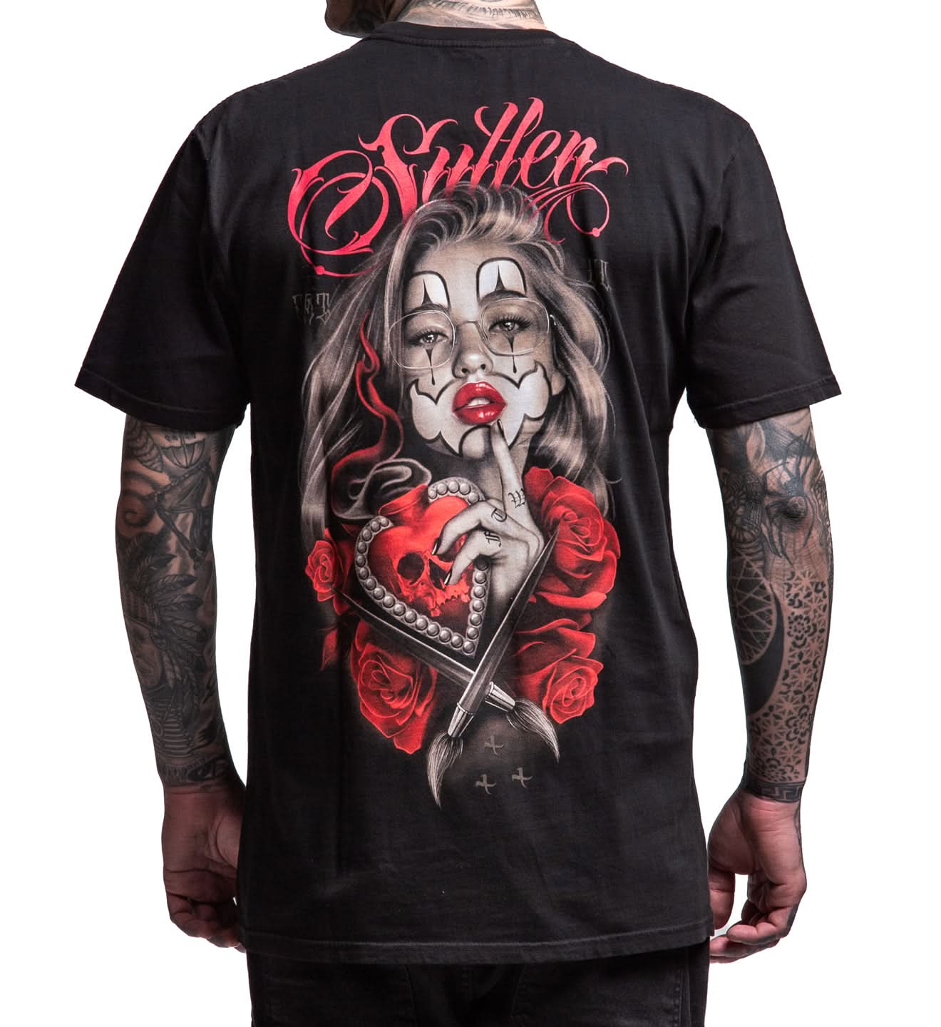 Black t-shirt with a graphic design of a woman with roses and a skull, featuring the brand 'Sullen'.