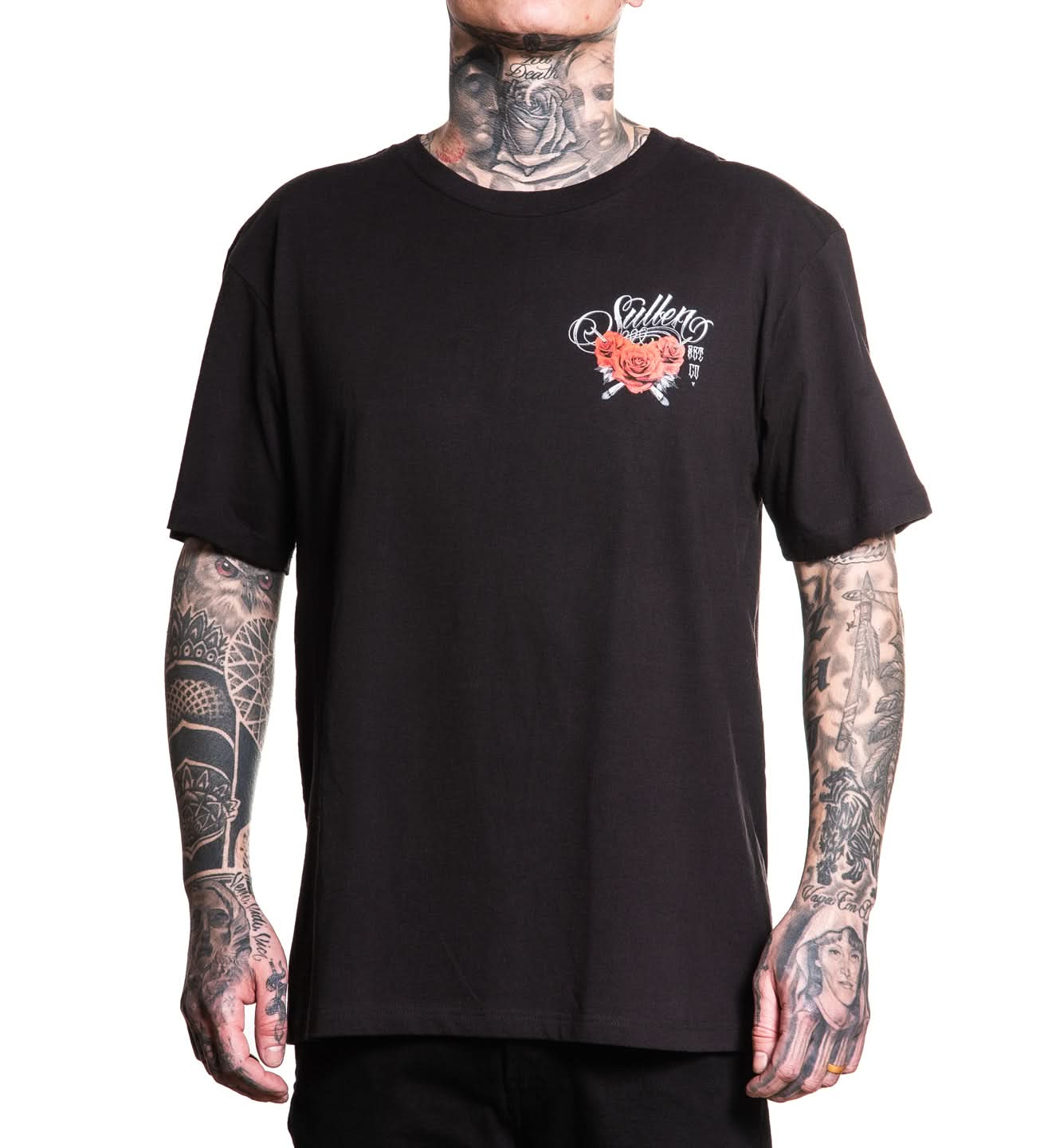 BLACK SULLEN T SHIRT WITH ROSES ON THE LEFT CHEST