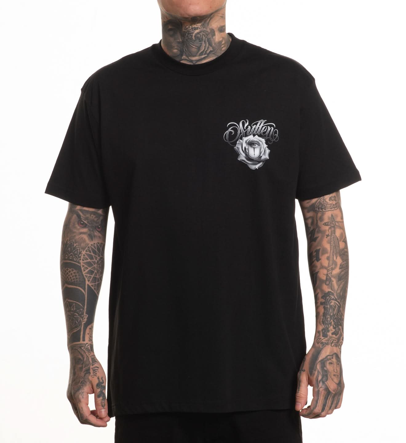 Person wearing a black t-shirt with a logo on a white background
