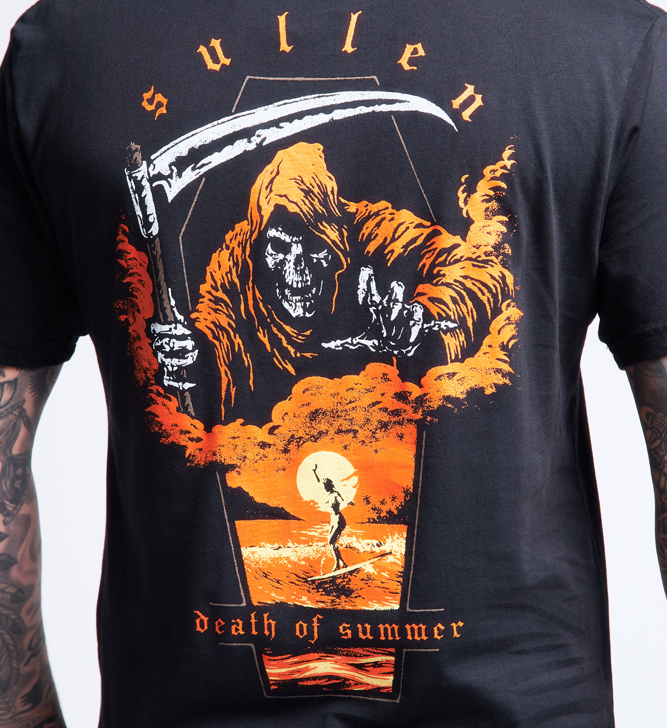 Black t-shirt with a graphic design featuring a reaper and text on a white background