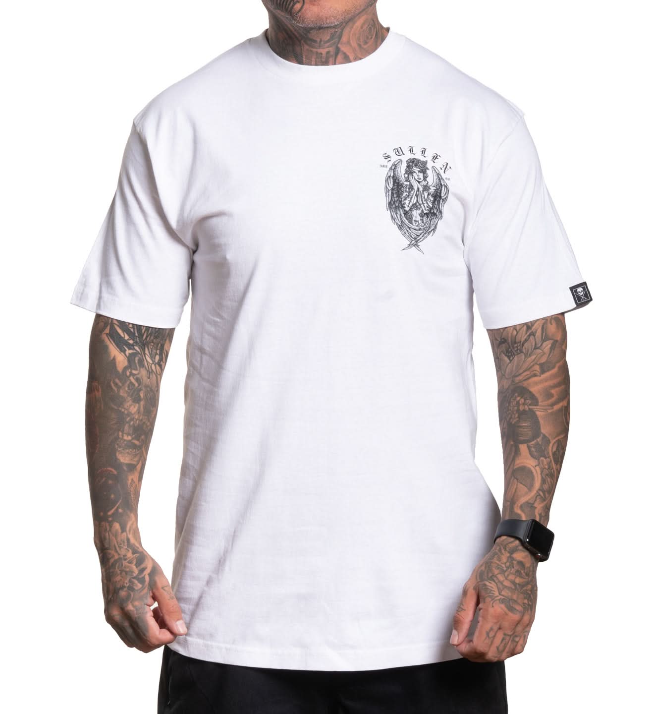 Person wearing a white t-shirt with a graphic design on a white background