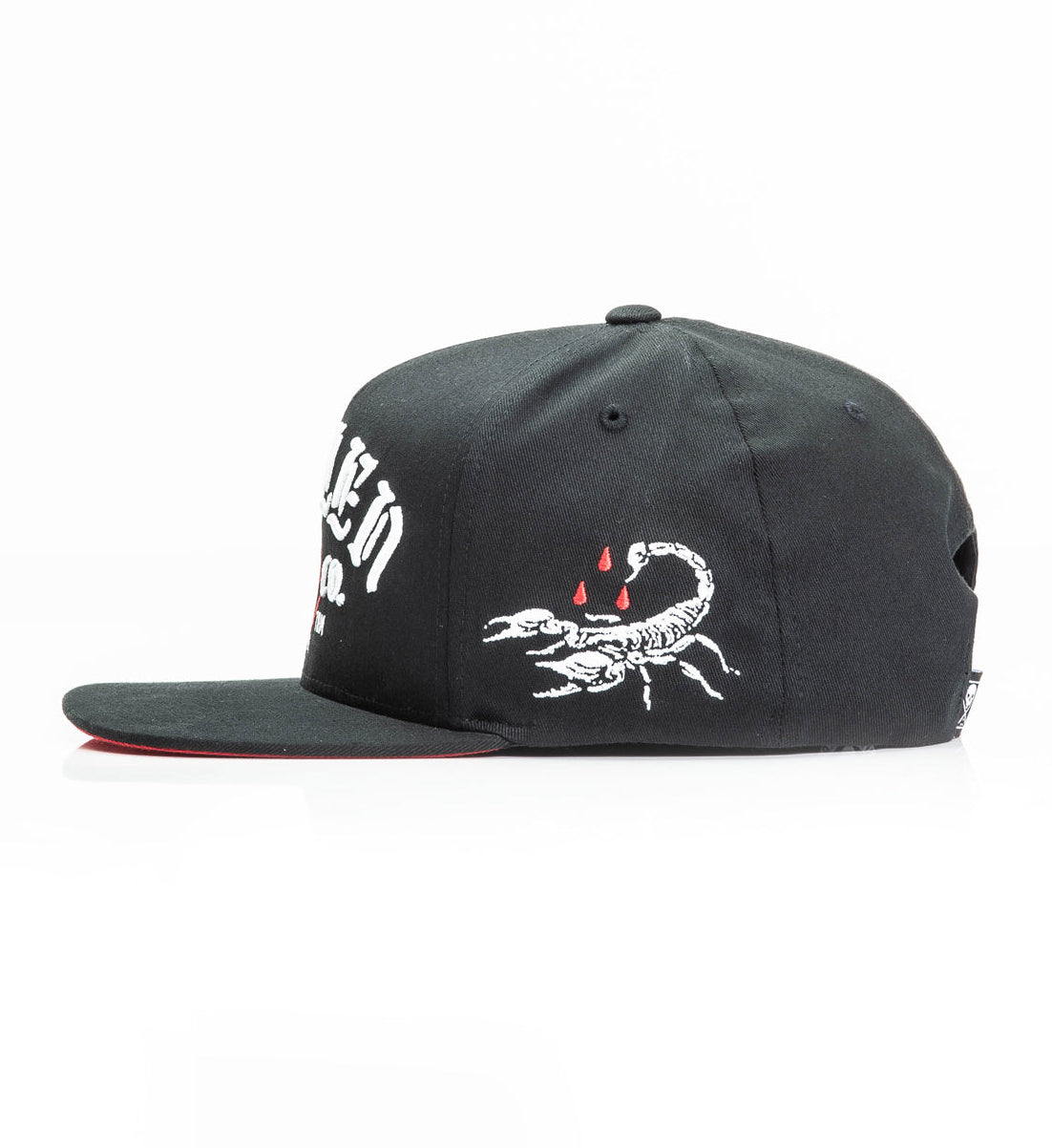 Black cap with white scorpion design on a white background